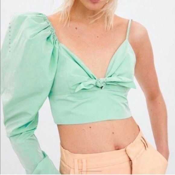 Zara Zara Mint Green Puff Sleeve One Shoulder Crop Top Size S / US 4 / IT 40 - 1 Thumbnail