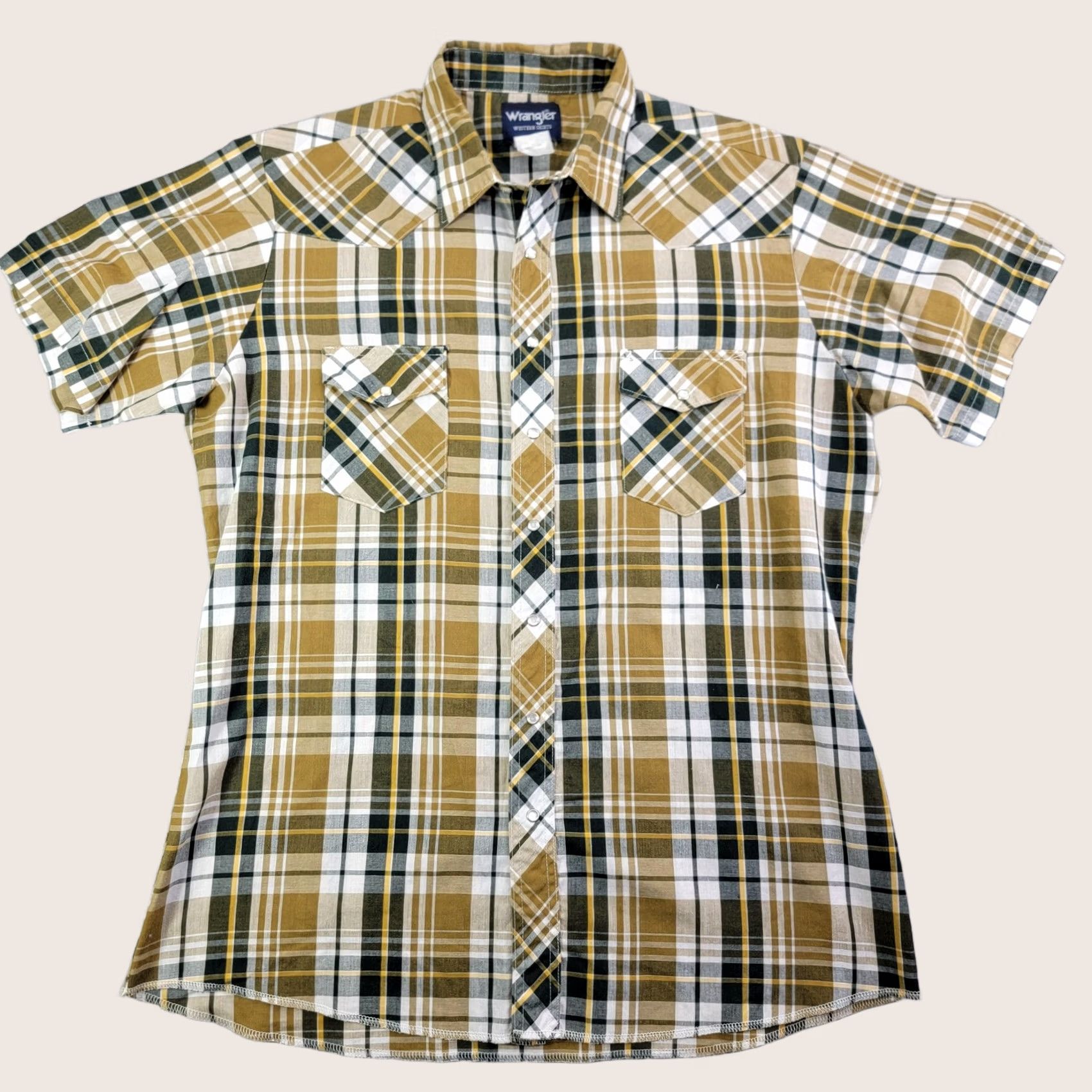 Wrangler VINTAGE? No — Wrangler Shirt Mens Medium Brown Plaid Short Sleeve Snap Front Western Pockets Size US M / EU 48-50 / 2 - 1 Thumbnail