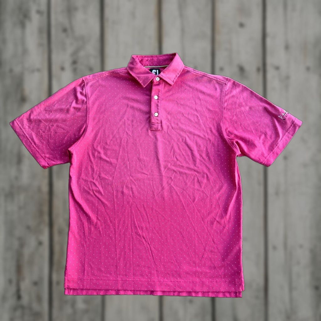 Footjoy Footjoy Polo Shirt Mens Medium Short Sleeve Polo Performance Golf Worn Pink Polka Dot Breathable Lightweight Polyester Spandex Polyester Blend Shirt Size US M / EU 48-50 / 2 - 1 Thumbnail