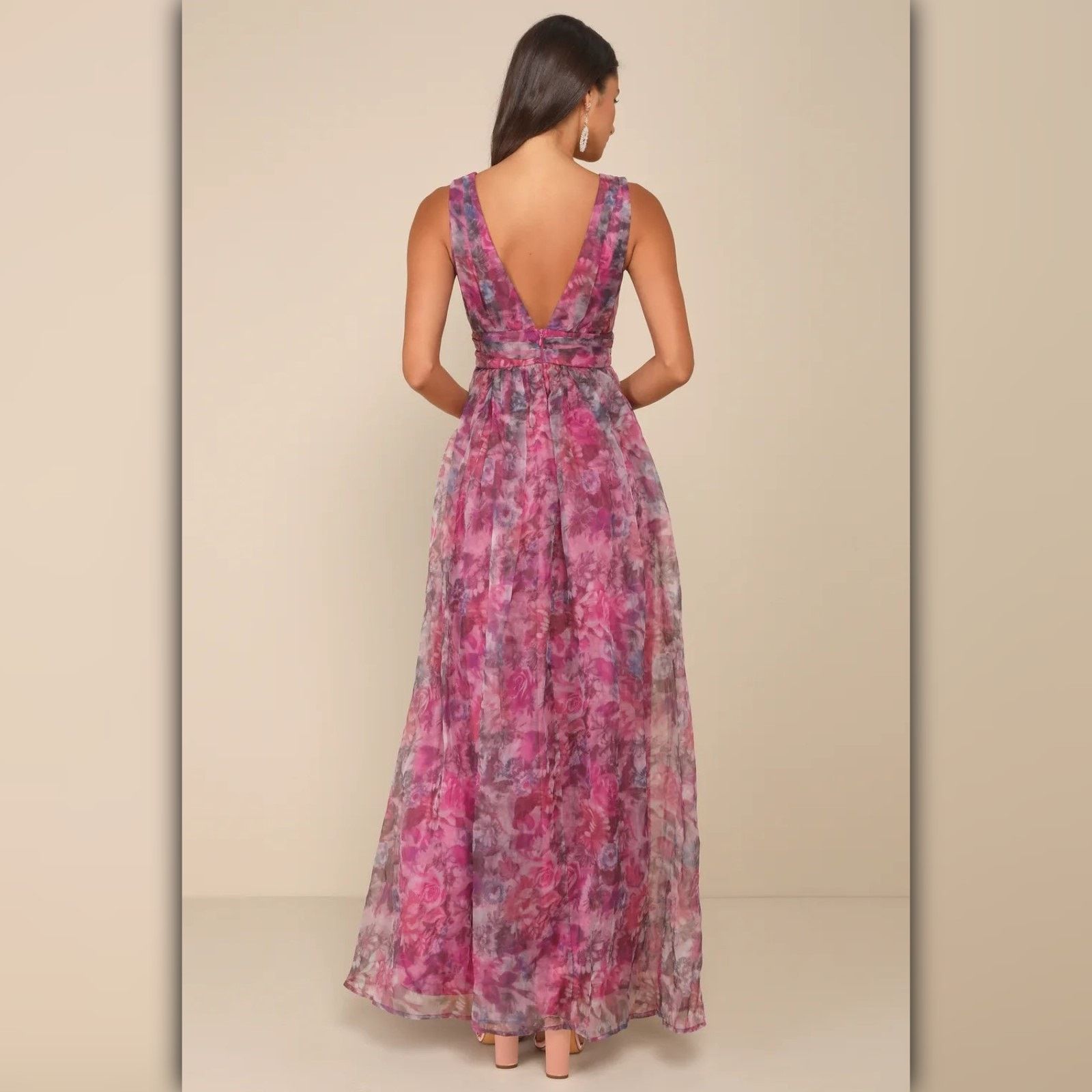 Other • A065 • (L) NWT Lulus Magenta Floral Organza Maxi Dress Size L / US 10 / IT 46 - 4 Thumbnail