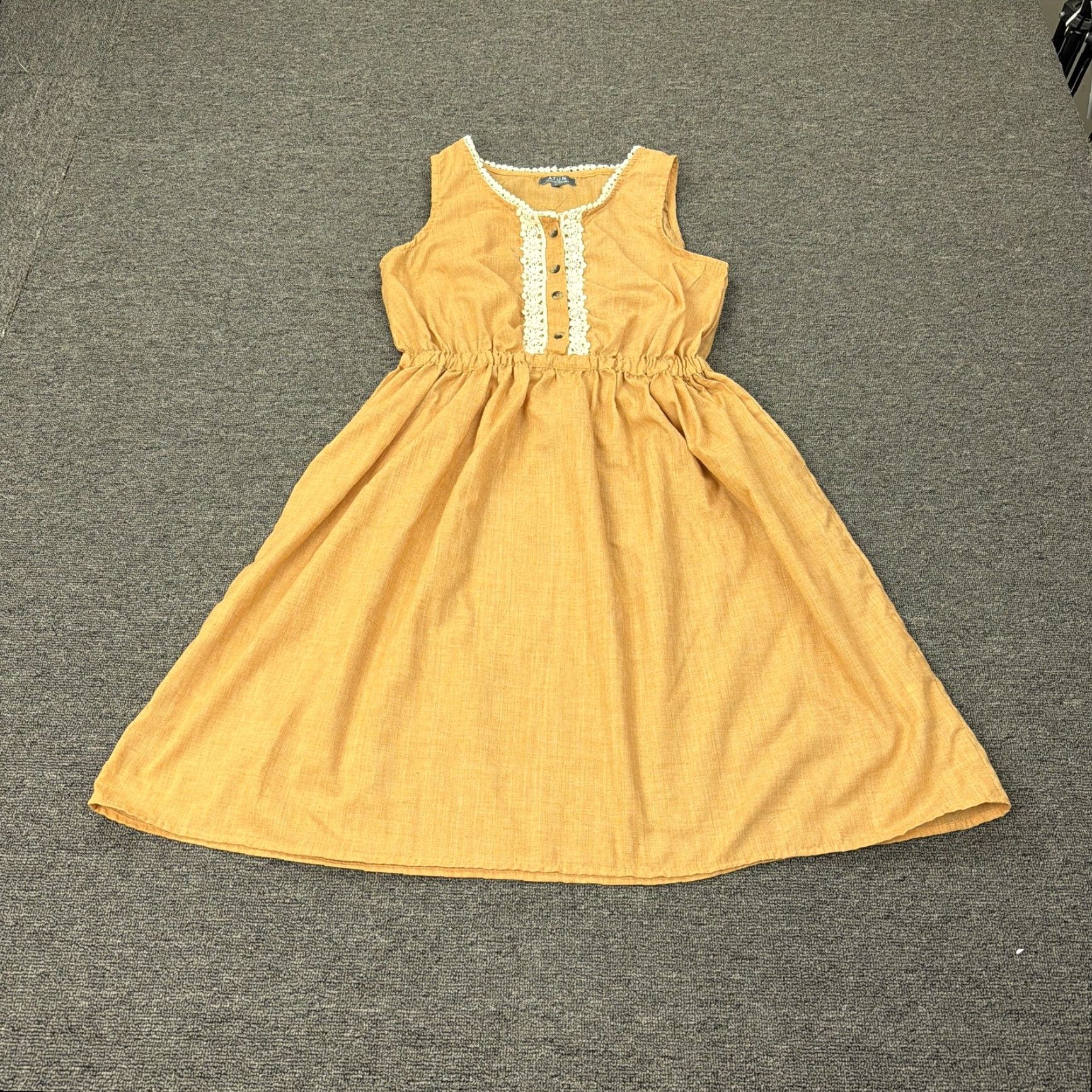 Vintage A.T.U.N. Dress Womens Large Yellow Crochet Trim Sleeveless Fit & Flare Sundress Size L / US 10 / IT 46 - 2 Thumbnail