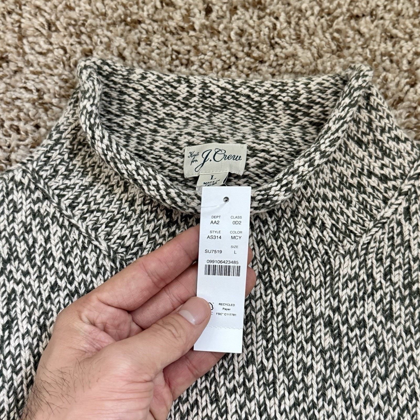 J.Crew NWT J. Crew Roll Neck Cotton Sweater Oatmeal Green Fisherman Size US L / EU 52-54 / 3 - 3 Thumbnail