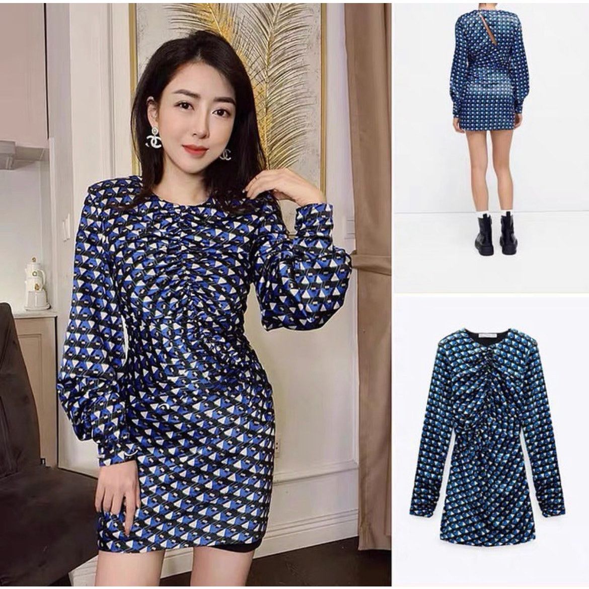 Zara ZARA BLOGGER FAVORITE GEOMETRIC PRINT DRESS BLUISH Size XS / US 0-2 / IT 36-38 - 3 Thumbnail