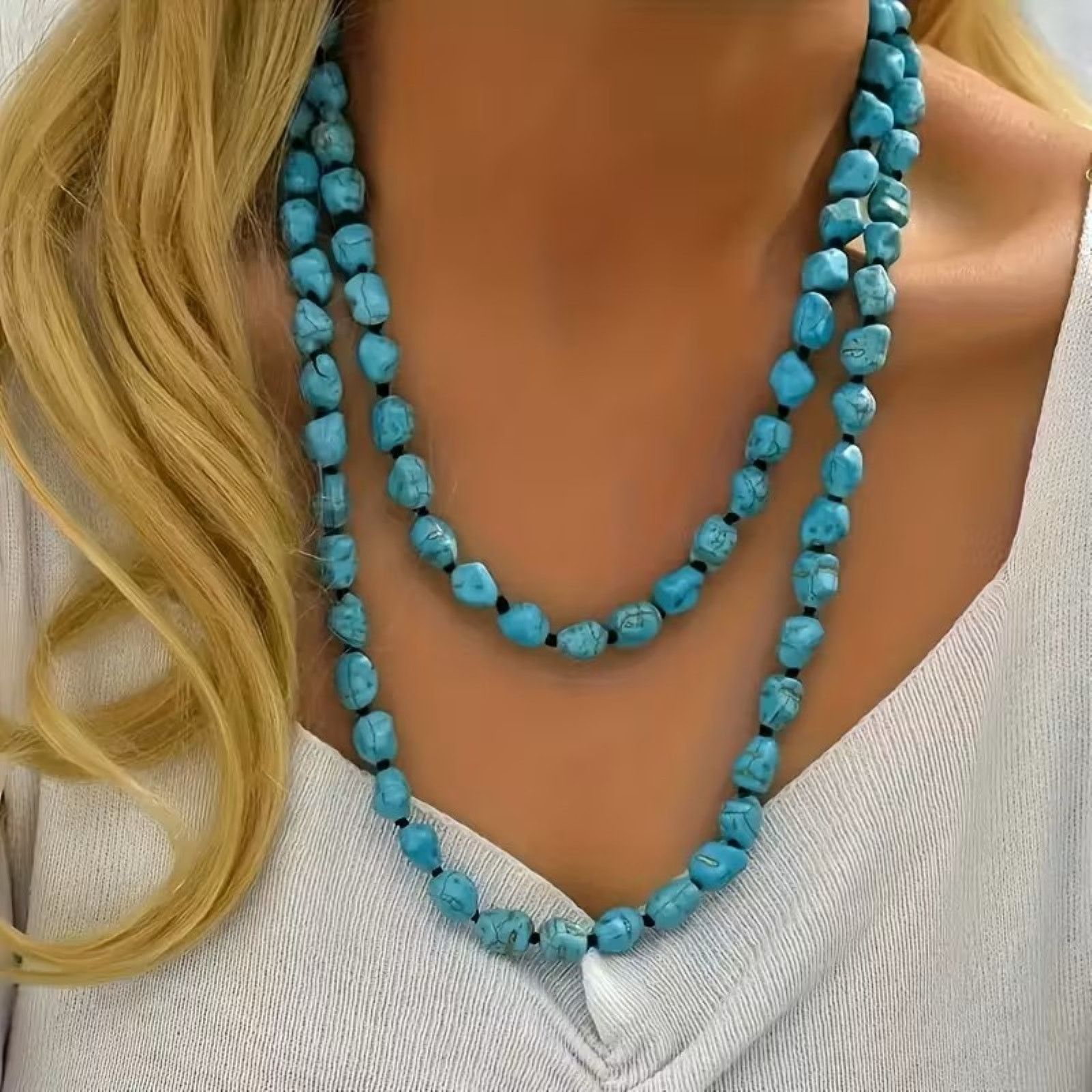 Other Natural Turquoise Double Layer Necklace - 46" Hand-Knotted Size ONE SIZE - 1 Thumbnail