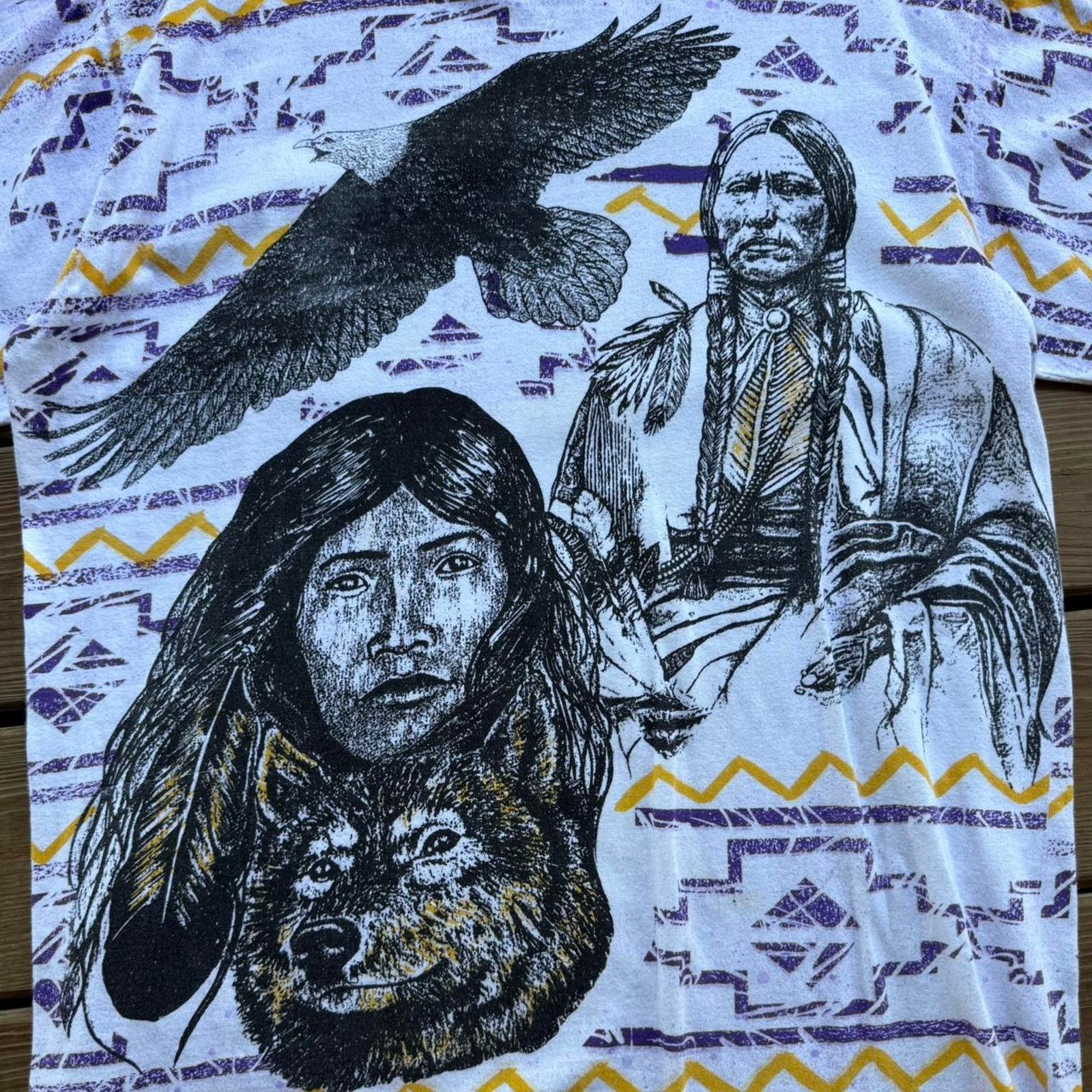 Native × Vintage Vintage 90s Nature Native Aztec Wolf and Eagle AOP Tee Size US L / EU 52-54 / 3 - 3 Thumbnail