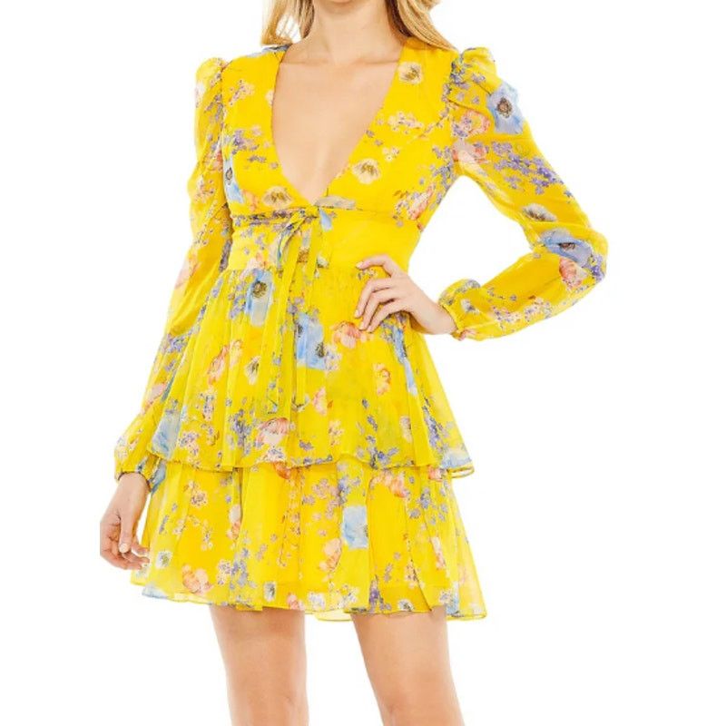 Mac Duggal Mac Duggal vNeck Mini Dress Yellow Floral Chiffon SIze 6 Size M / US 6-8 / IT 42-44 - 6 Thumbnail