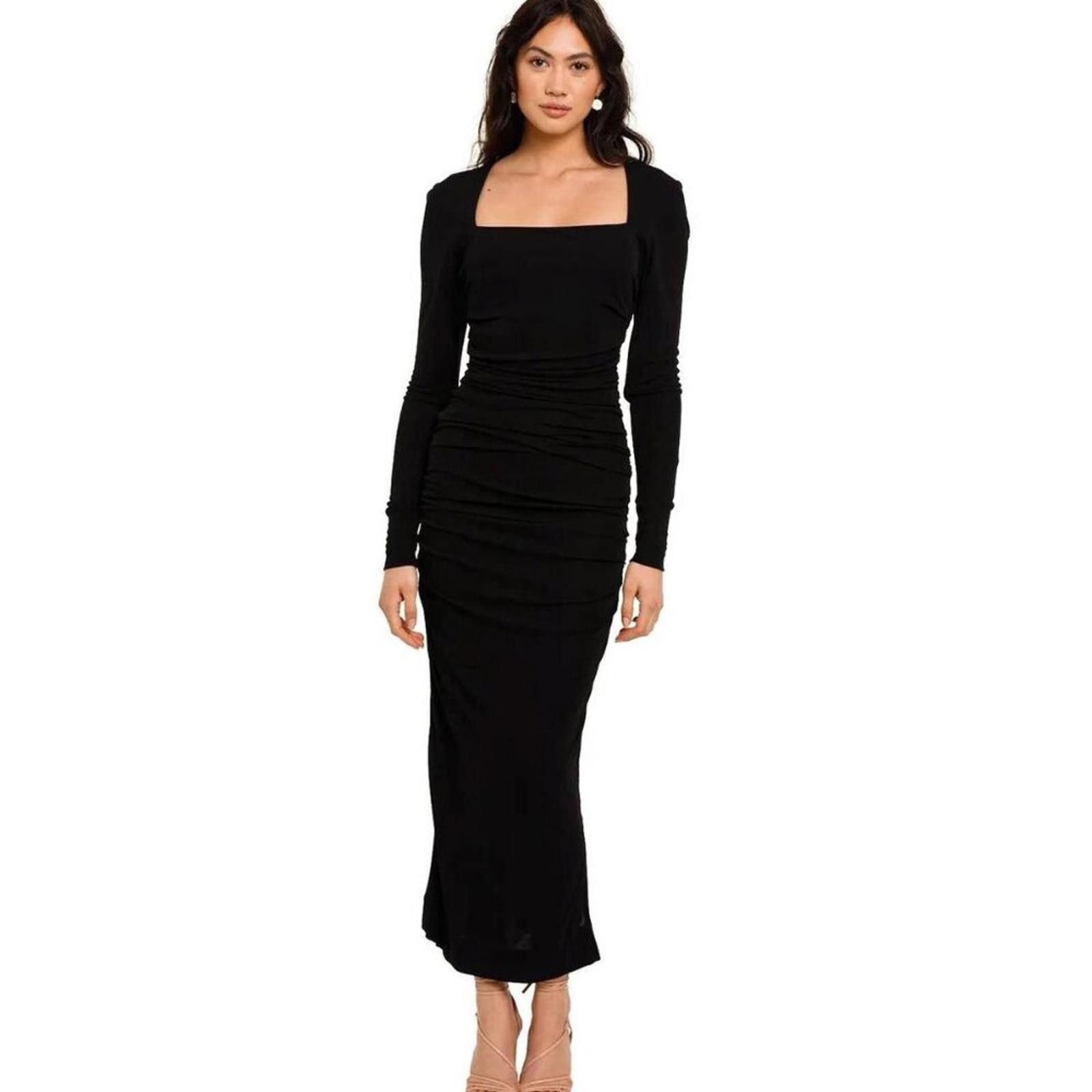 Ganni GANNI Black Ruched Crepe Maxi Dress Long Sleeve Square Neck Size S / US 4 / IT 40 - 3 Thumbnail