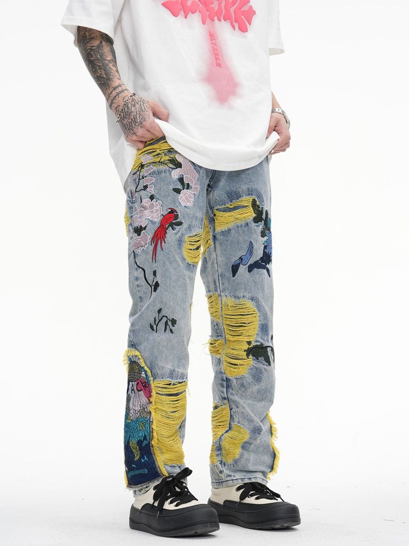image of Distressed Denim Blue Embroidered Patch Denim Ripped Jeans, Men's (Size 32)