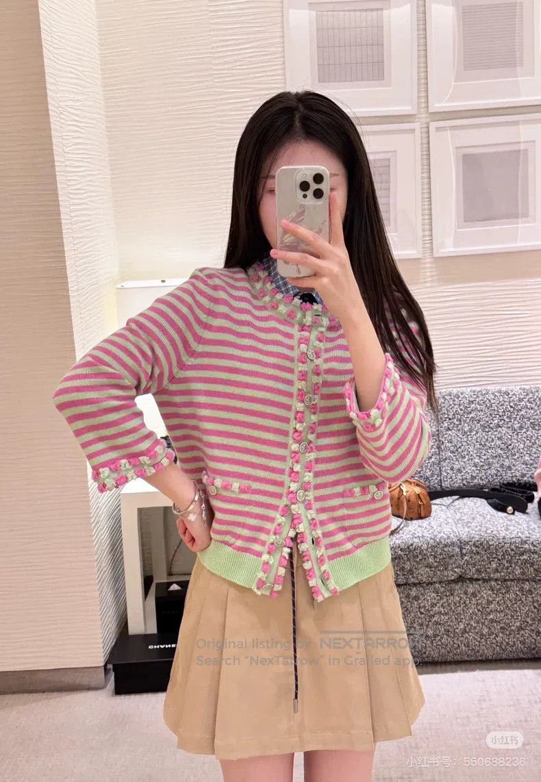 Chanel Chanel 25s new pink and green striped lace knitted cardiga Size XXS / US 00 / IT 34 - 9 Thumbnail