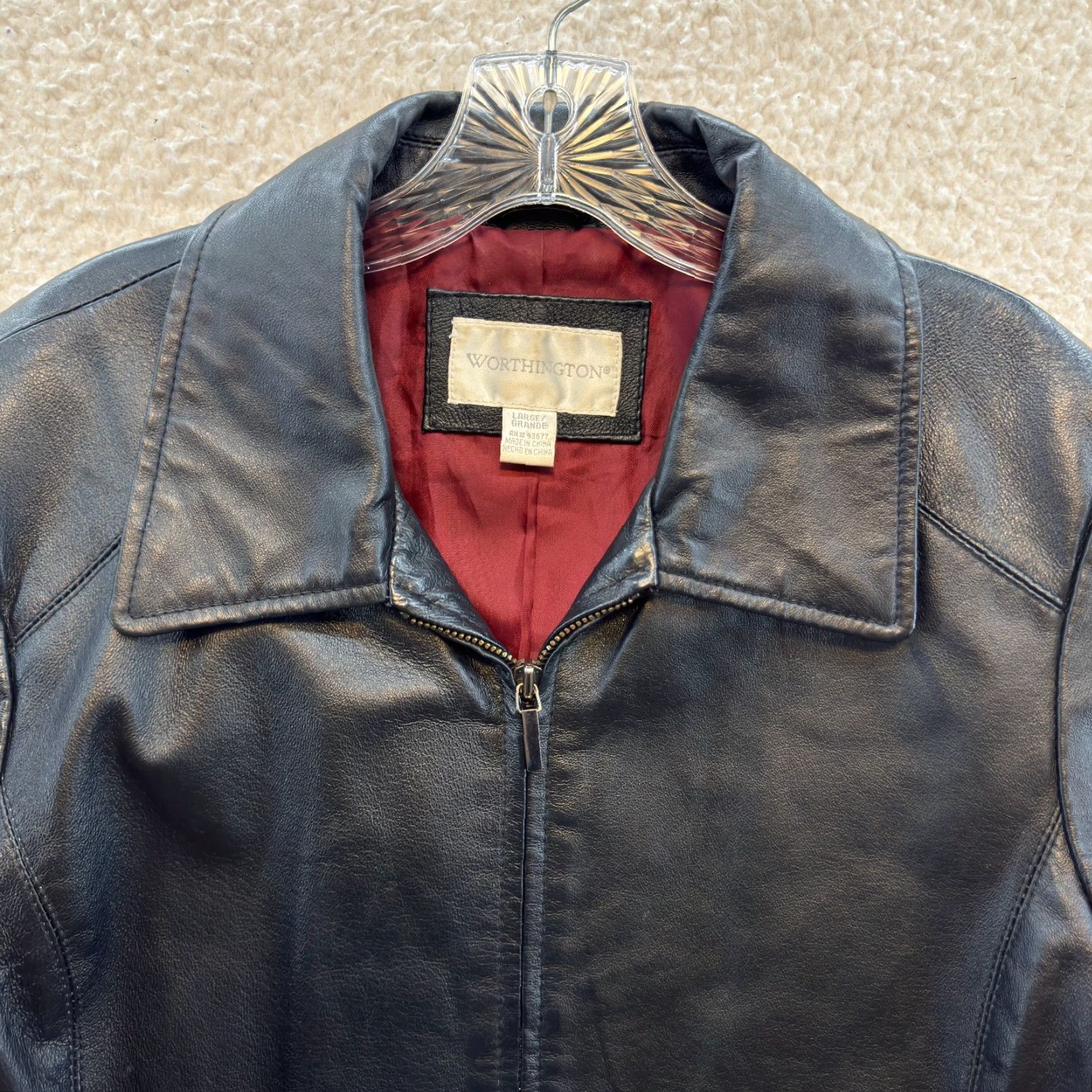 Worthington VINTAGE 90s Y2K Worthington Leather Jacket Large Womens Zip Up Red Lined Collared Black Jacket Size L / US 10 / IT 46 - 3 Thumbnail