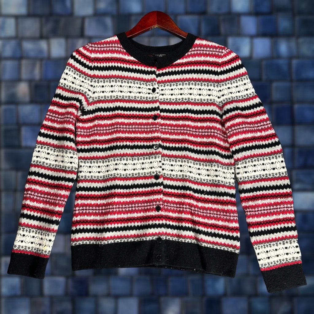 Talbots Talbots Cardigan Sweater Womens P Red Gray Black Fair Isle Lambswool Button Up Multicolor Classic Modern Knits Womens Cardigan Size S / US 4 / IT 40 - 1 Thumbnail