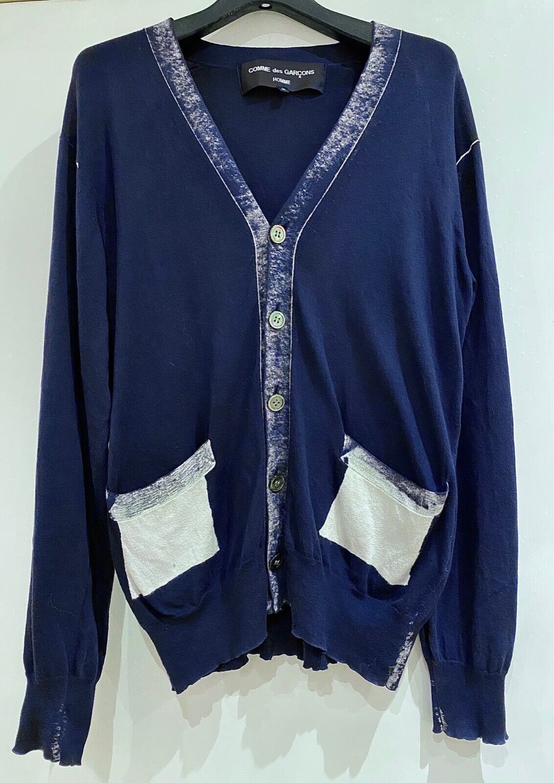 Image of Comme Des Garcons Homme Distressed Over Printed Cardigan S in Blue White, Men's (Size Small)