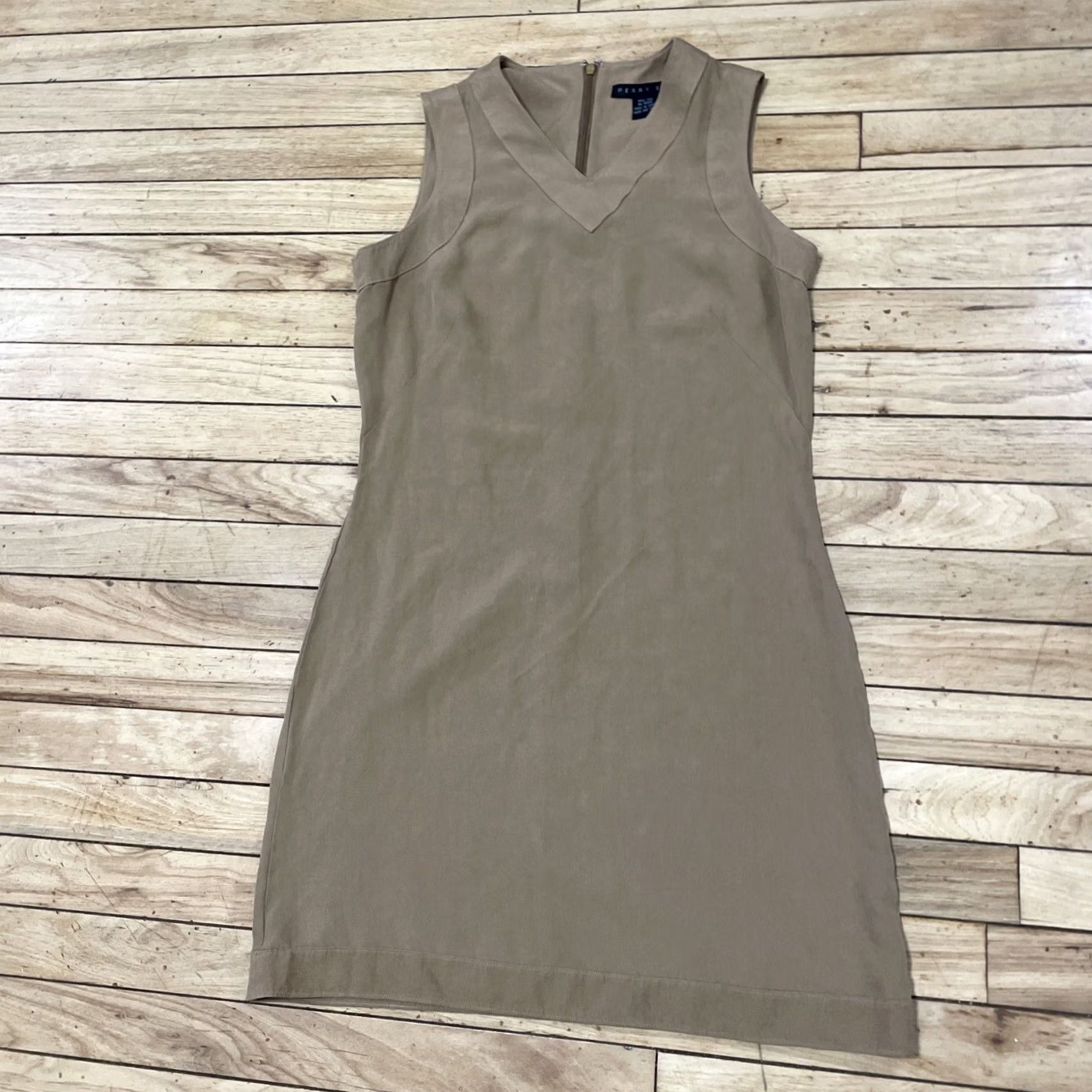 Perry Ellis Perry Ellis Silk Shift Dress Mini Sleeveless V-Neck Brown Tan 8P Office Academia Womens Size M / US 6-8 / IT 42-44 - 6 Thumbnail