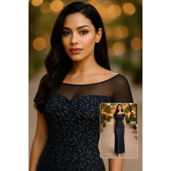 Other JS Collections "Reese" Navy Column Gown Sheer Neck Size 8 Size M / US 6-8 / IT 42-44 - 1 Thumbnail