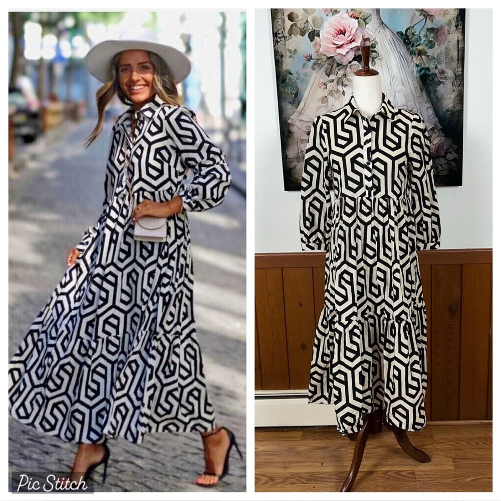 Zara New Zara Monochrome Poplin Cotton Geometric Pattern Dress! Size XS / US 0-2 / IT 36-38 - 1 Thumbnail