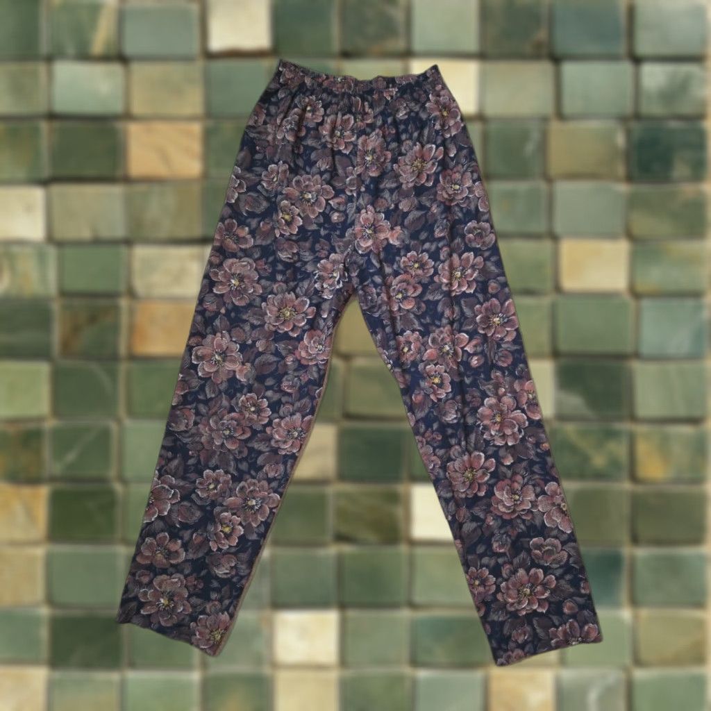 Vintage VINTAGE Women Pants Floral High Rise Pleated Rayon Navy Blue Green 80s 90s Bohemian Dress Pants Regular Womens Size 32" / US 10 / IT 46 - 1 Thumbnail
