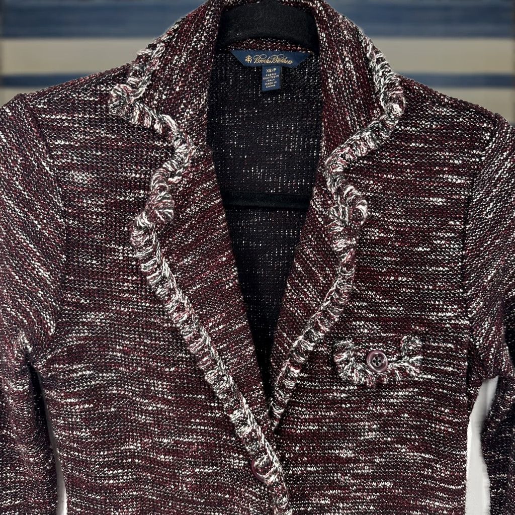 Brooks Brothers Brooks Brothers Womens XS Burgundy Tweed Blazer Jacket Marled Knit Fringe Trim Size XS / US 0-2 / IT 36-38 - 1 Thumbnail