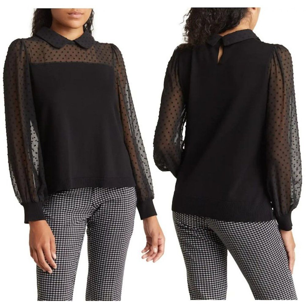 Adrianna Papell NWT New $89 Adrianna Papell Peter Pan Mesh Long Sleeve Blou Size S / US 4 / IT 40 - 1 Thumbnail