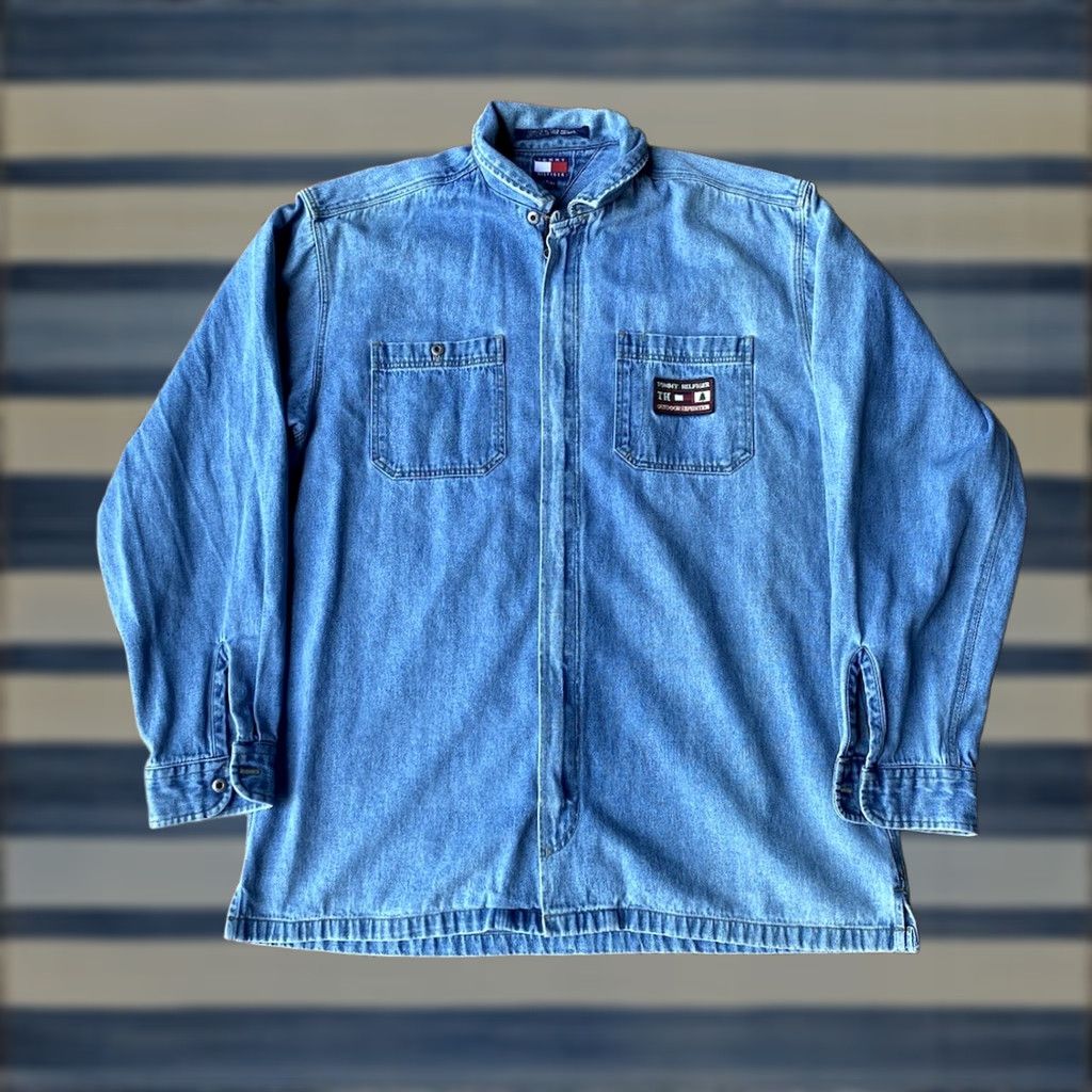 Tommy Hilfiger VINTAGE Tommy Hilfiger Outdoor Expedition Full Zip Jean Jacket Mens XL Blue Denim 90s Logo Bomber Jacket All Seasons Program Size US 36 / EU 52 - 1 Thumbnail