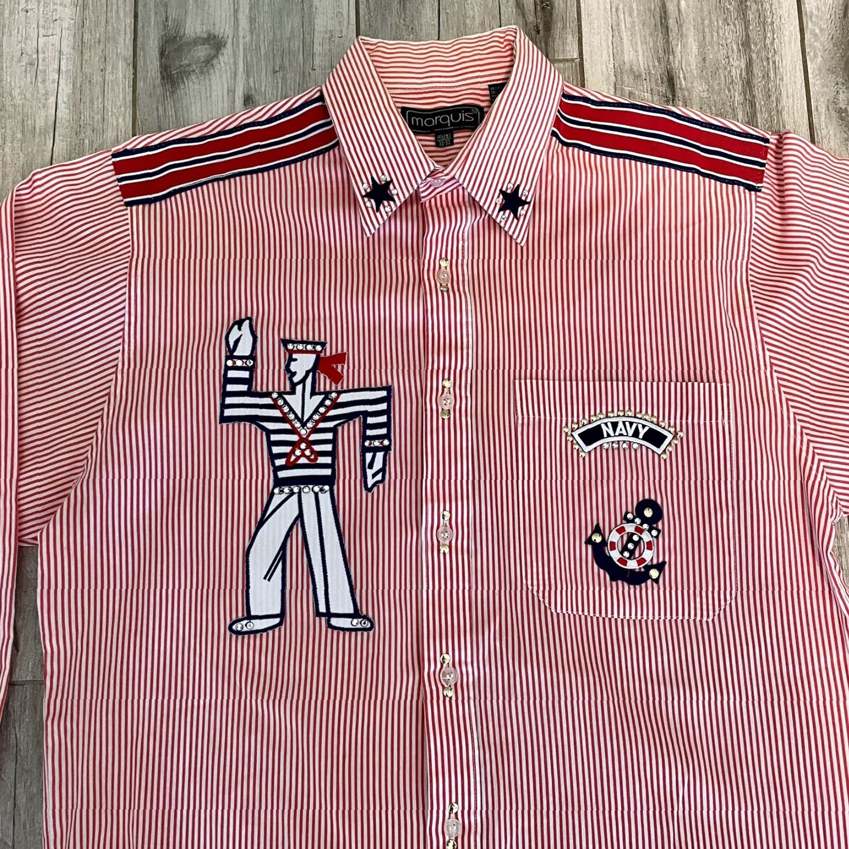 Vintage VINTAGE Marquis Americana Red Navy Stars Stripes Button Up Shirt Sailor S 14 1/2 Men Red Size US S / EU 44-46 / 1 - 2 Thumbnail