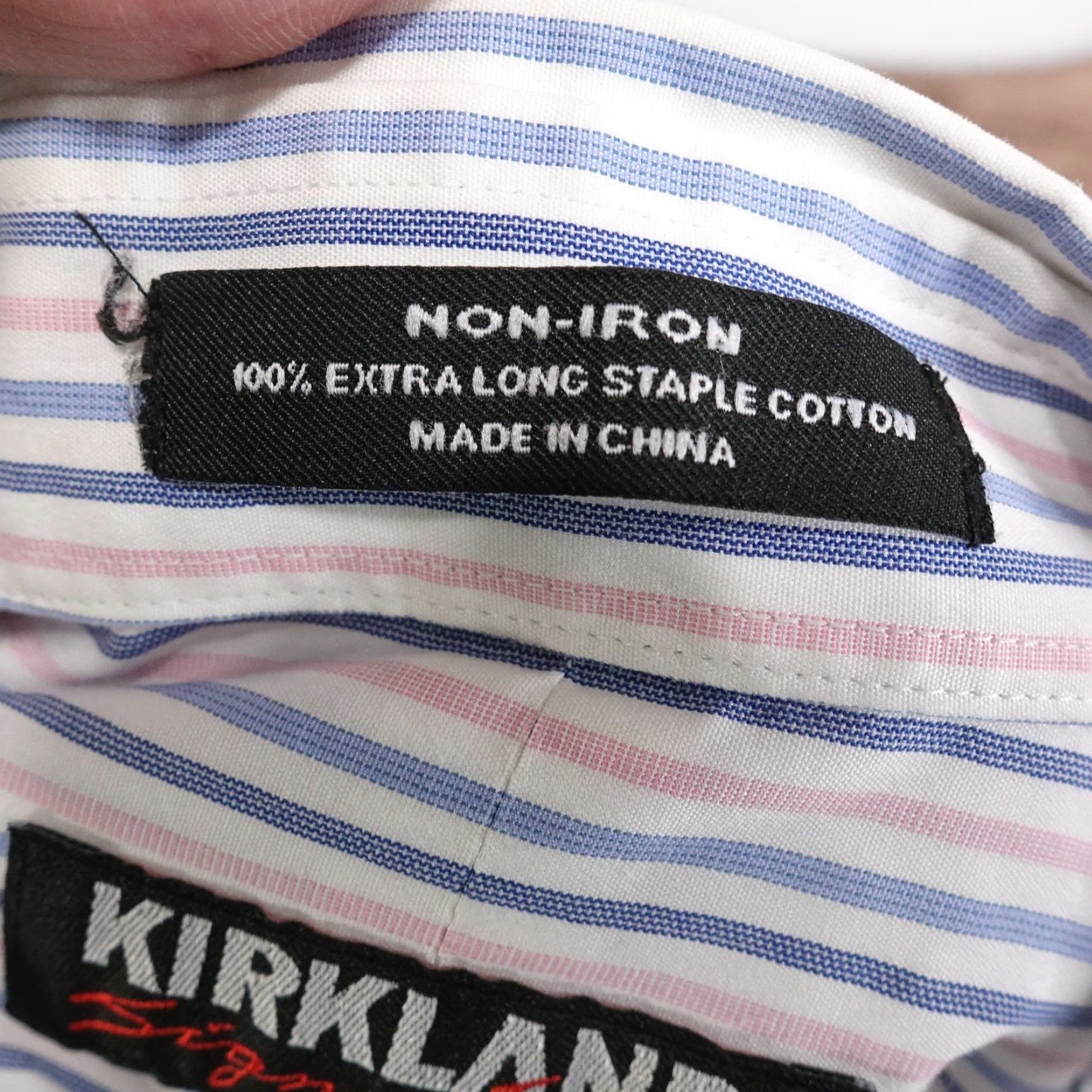 Vintage VINTAGE Kirkland Signature Dress Shirt Mens 17.5 Long Sleeve Blue Pink White Striped Non-Iron Business Casual Size US XL / EU 56 / 4 - 7 Thumbnail
