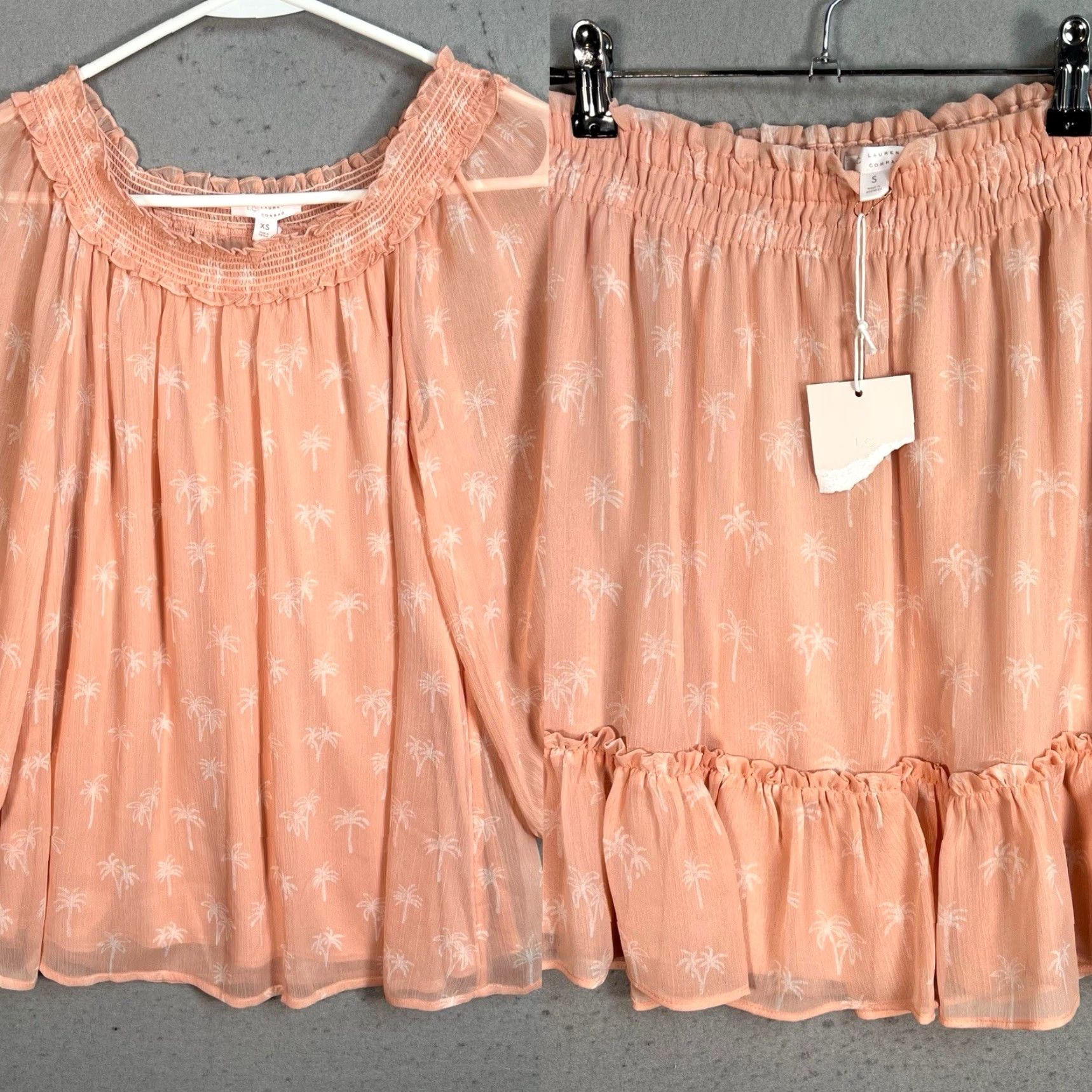Vintage LC Lauren Conrad Peach Palm Tree Print Blouse XS & Skirt S Set NEW! Size XS / US 0-2 / IT 36-38 - 2 Thumbnail