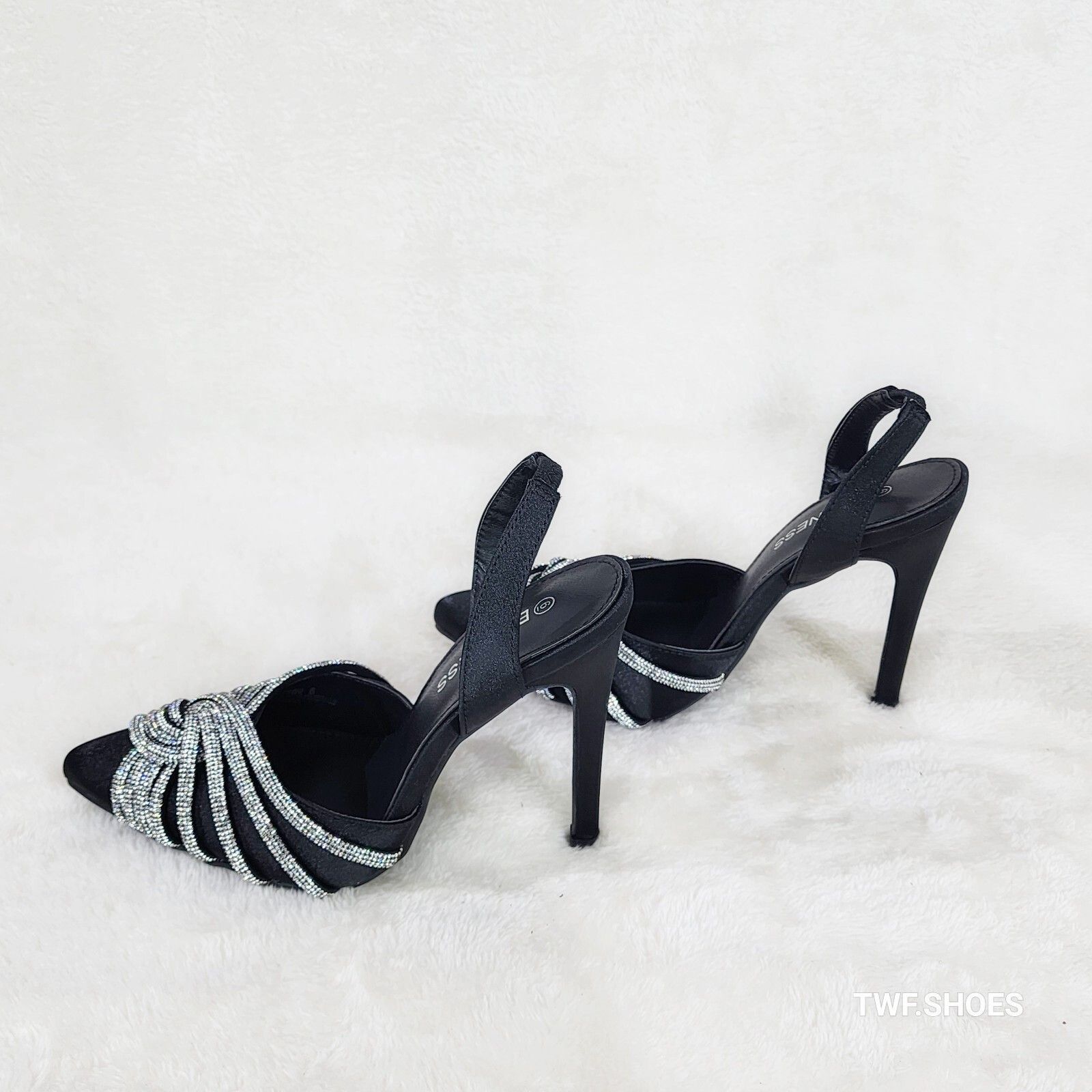 Other Elegance Slip on Slingback Black Satin Rhinestone Pointy Toe Size US 7 / IT 37 - 4 Thumbnail