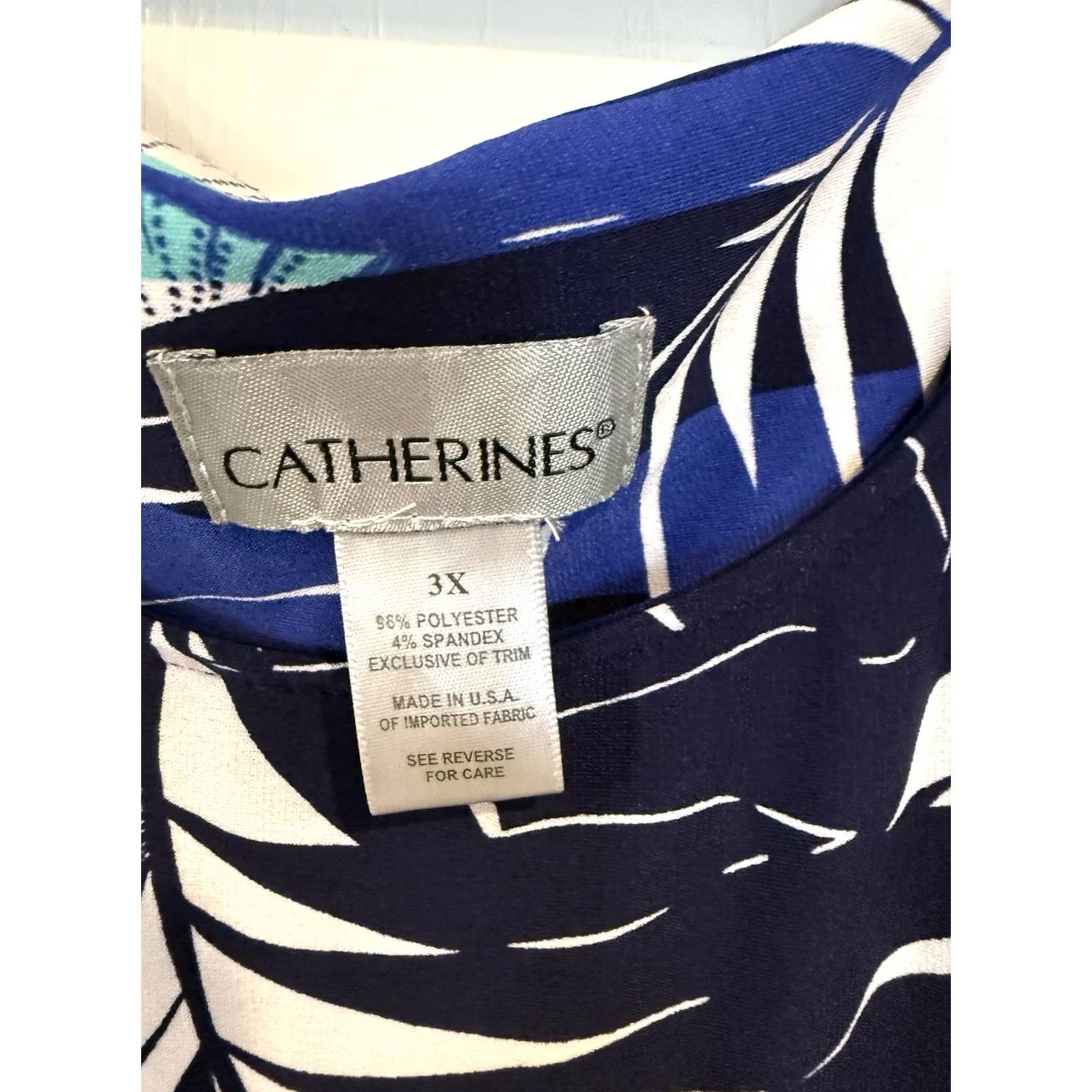 Vintage Catherine's Tropical Palm Print Sleeveless Midi Dress White Aqua Blue 3X Womens Plus Size A-Line Shift Size XXL / US 16-18 / IT 52-54 - 3 Thumbnail