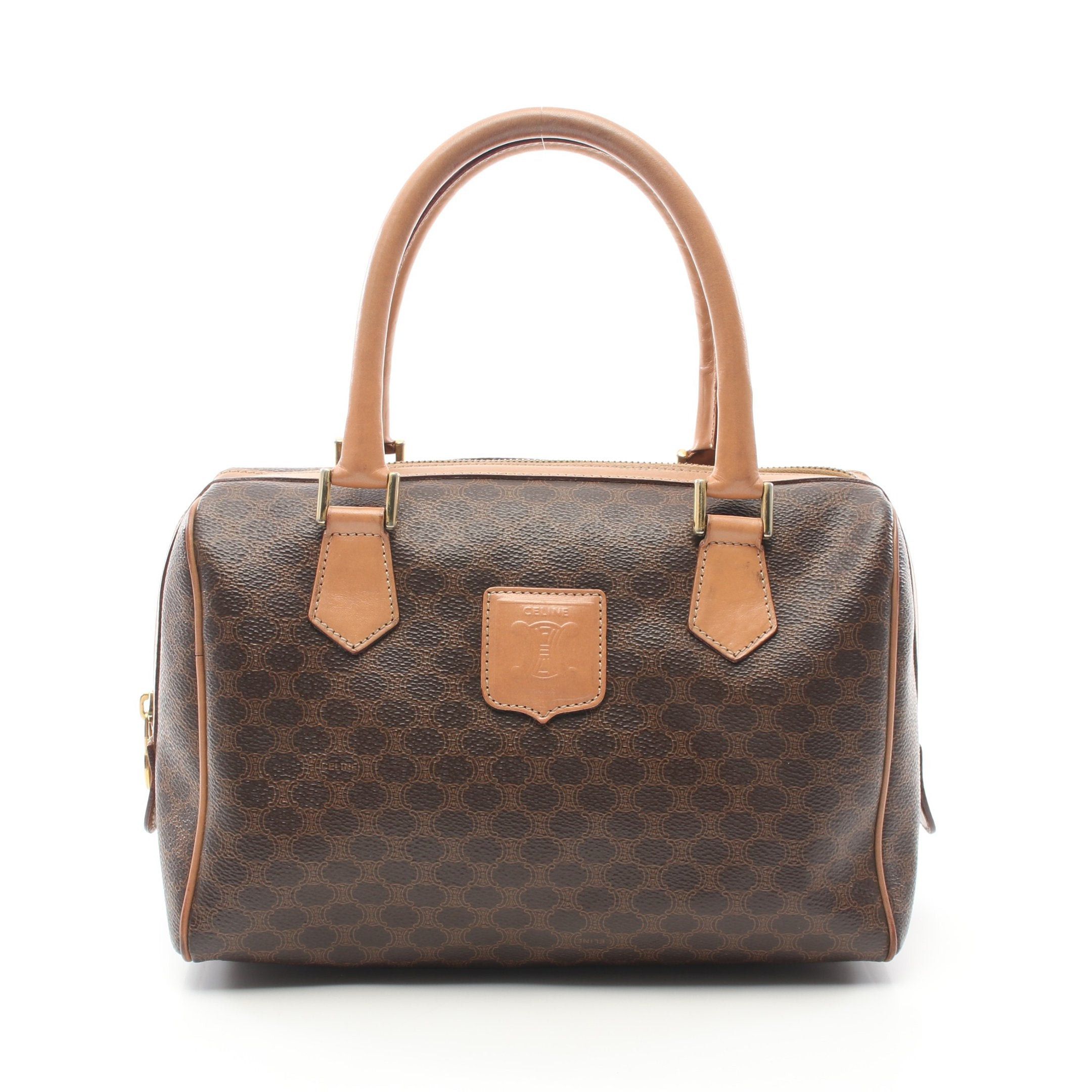 image of Celine Macadam Handbag Mini Boston Bag Pvc Leather Brown Beige, Women's
