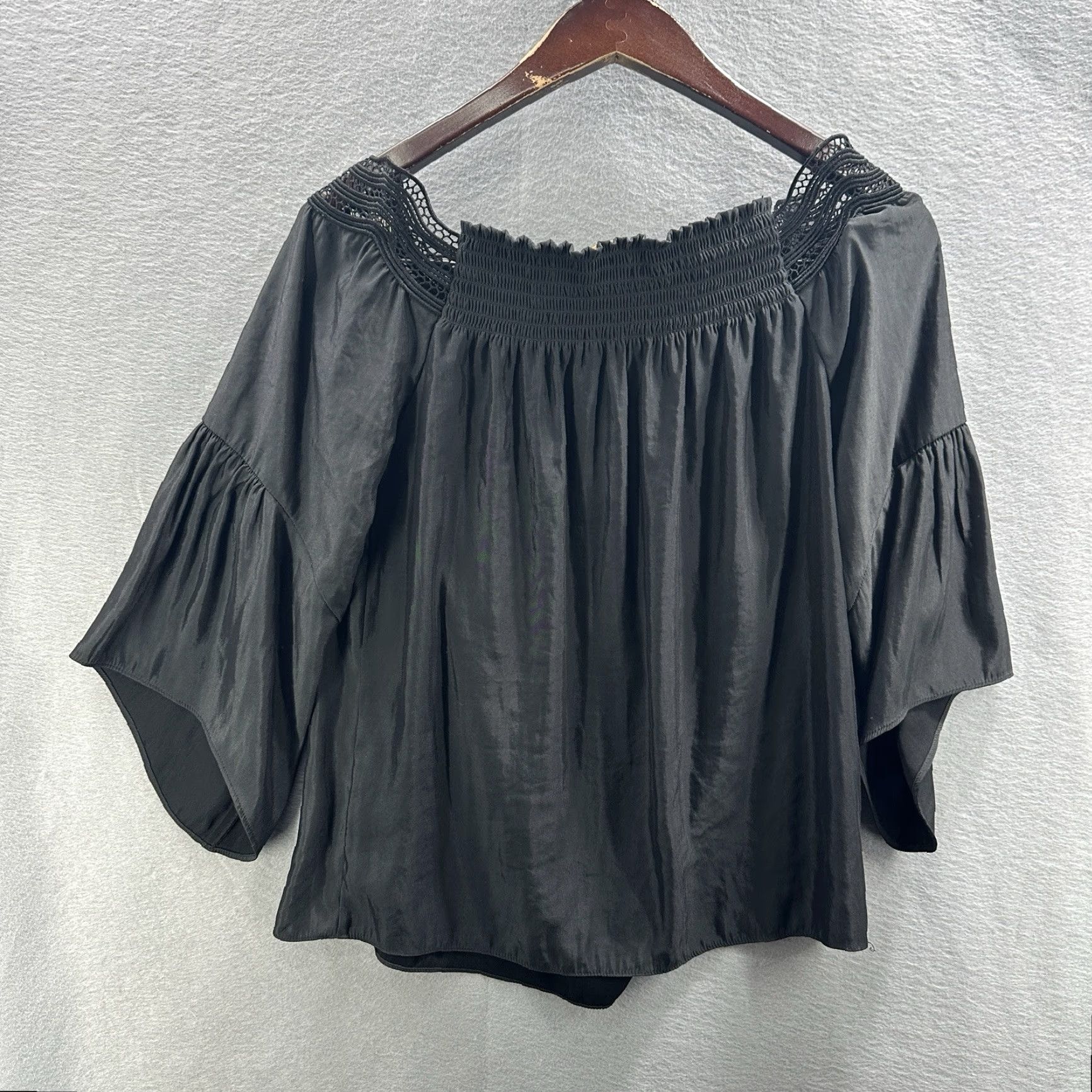 Ramy Brook Blouse Priscilla Womens XS Off The Shoulder Lace Bell Sleeve 3/4 Sleeve Black Tunic Shirt XS Womens