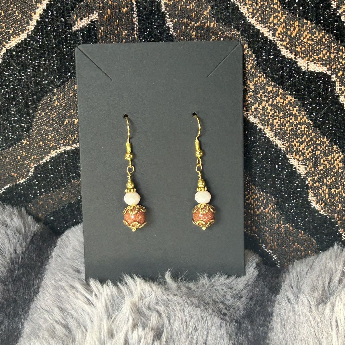 Handmade Handcrafted elegant filigree bead capped goldstone earrings Size ONE SIZE - 3 Thumbnail