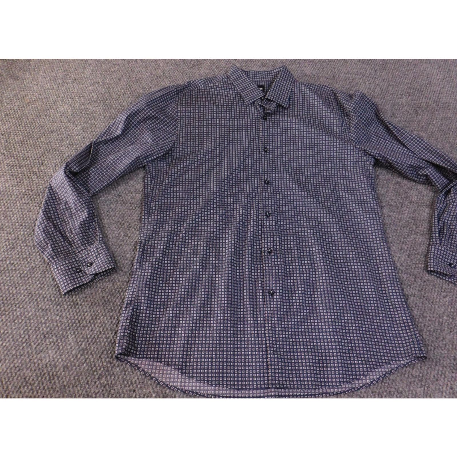 Vintage BOSS Shirt Mens XL Navy Blue Slim Fit Stretch Made in Italy Dress Button Down Size 46R - 3 Thumbnail