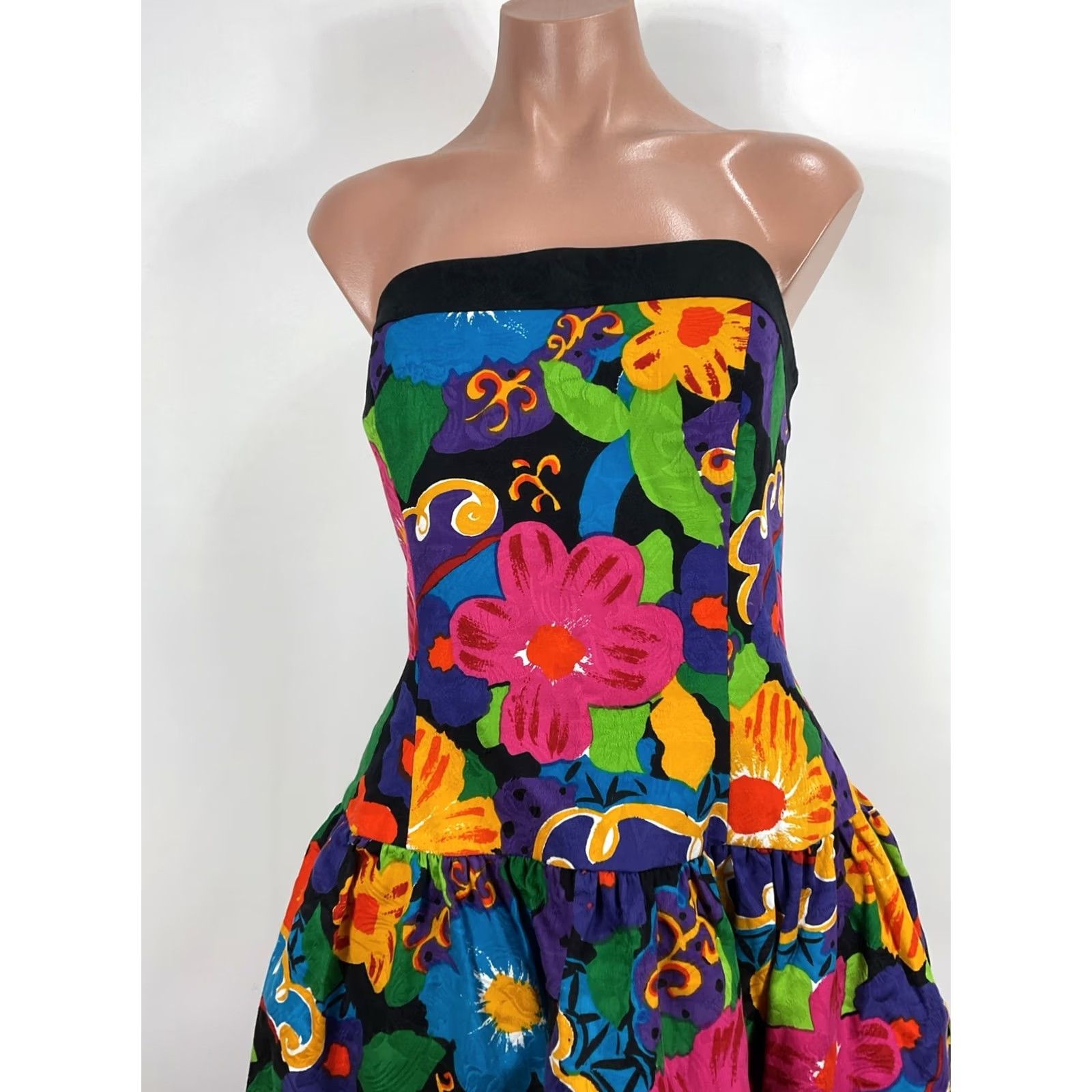 Vintage Vtg A.J. Bari Black Floral Print Cotton Strapless Fit Flare Dress Sz 14 NWT 90s Size XL / US 12-14 / IT 48-50 - 3 Thumbnail