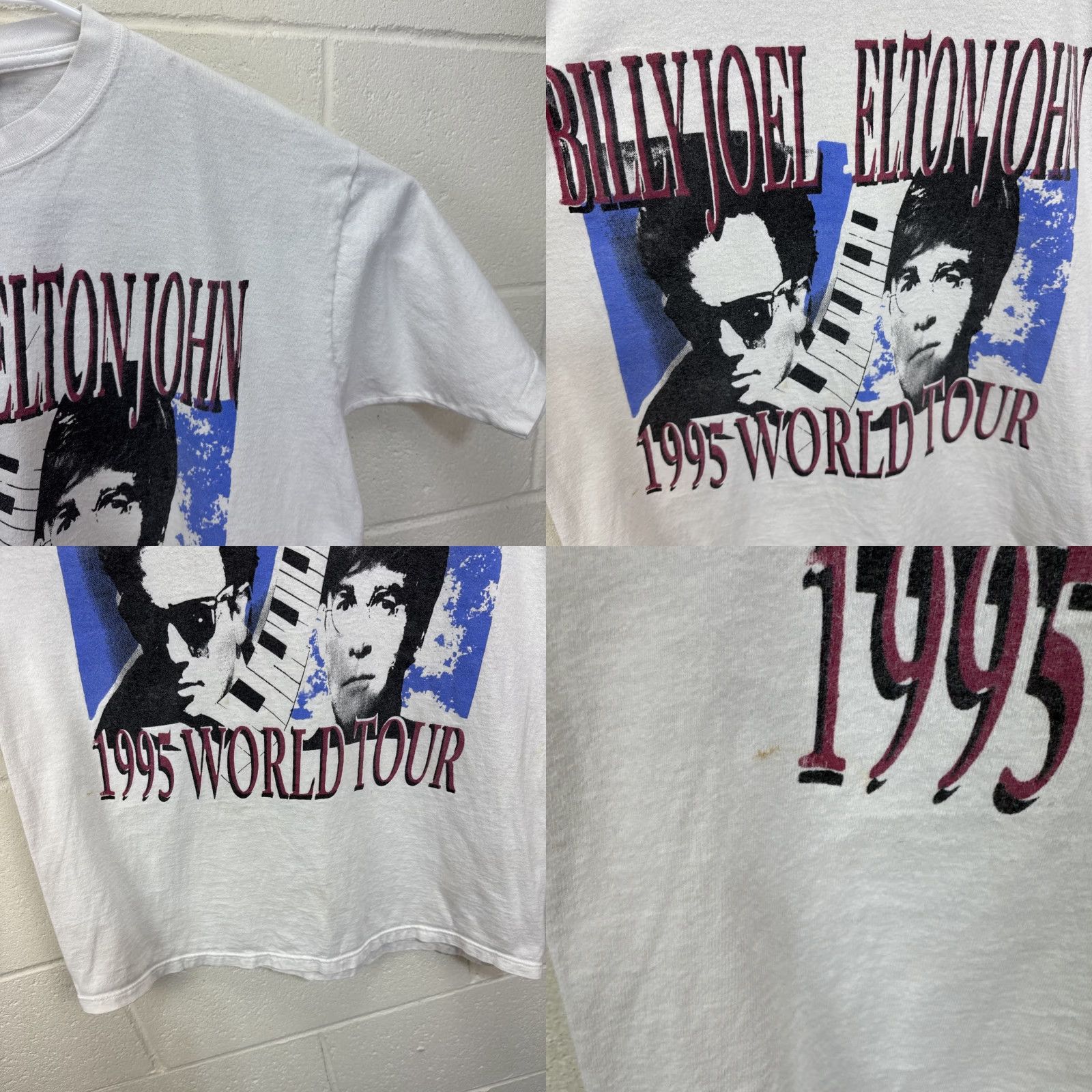 VINTAGE Billy Joel & Elton John T-Shirt Men's L White 90s World Tour Graphic Print Double-Sided Crew Neck - Softee