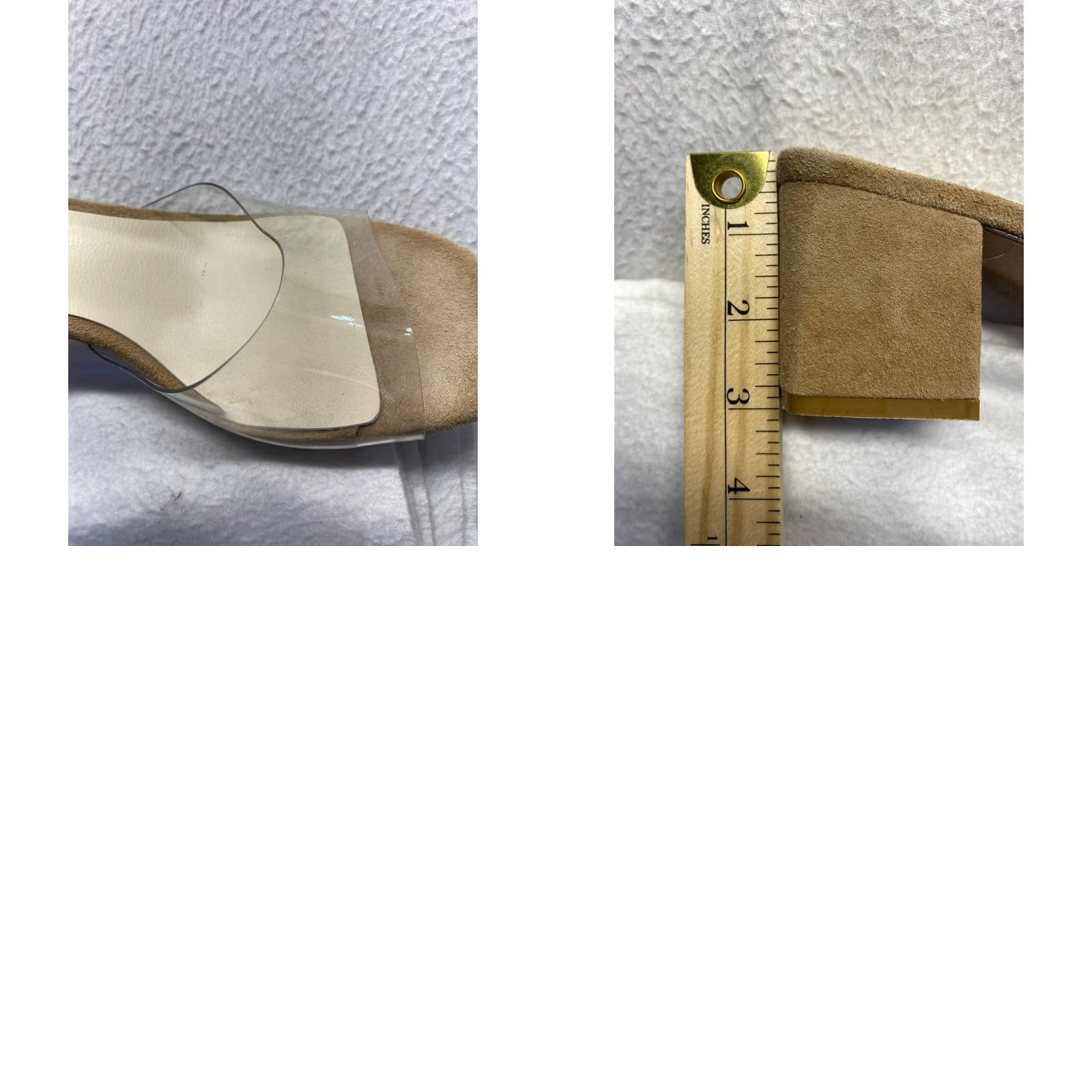 Vintage Raye Block Heel Mule Sandals Womens 8.5 Clear Tan Suede Slip-On Open Toe Brown 3-inch #5844 Size US 9 / IT 39 - 8 Thumbnail
