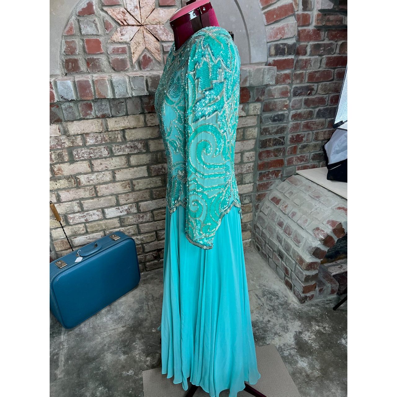Other dress formal beaded 100% silk swing skirt shoulder pads blue Size M / US 6-8 / IT 42-44 - 6 Thumbnail
