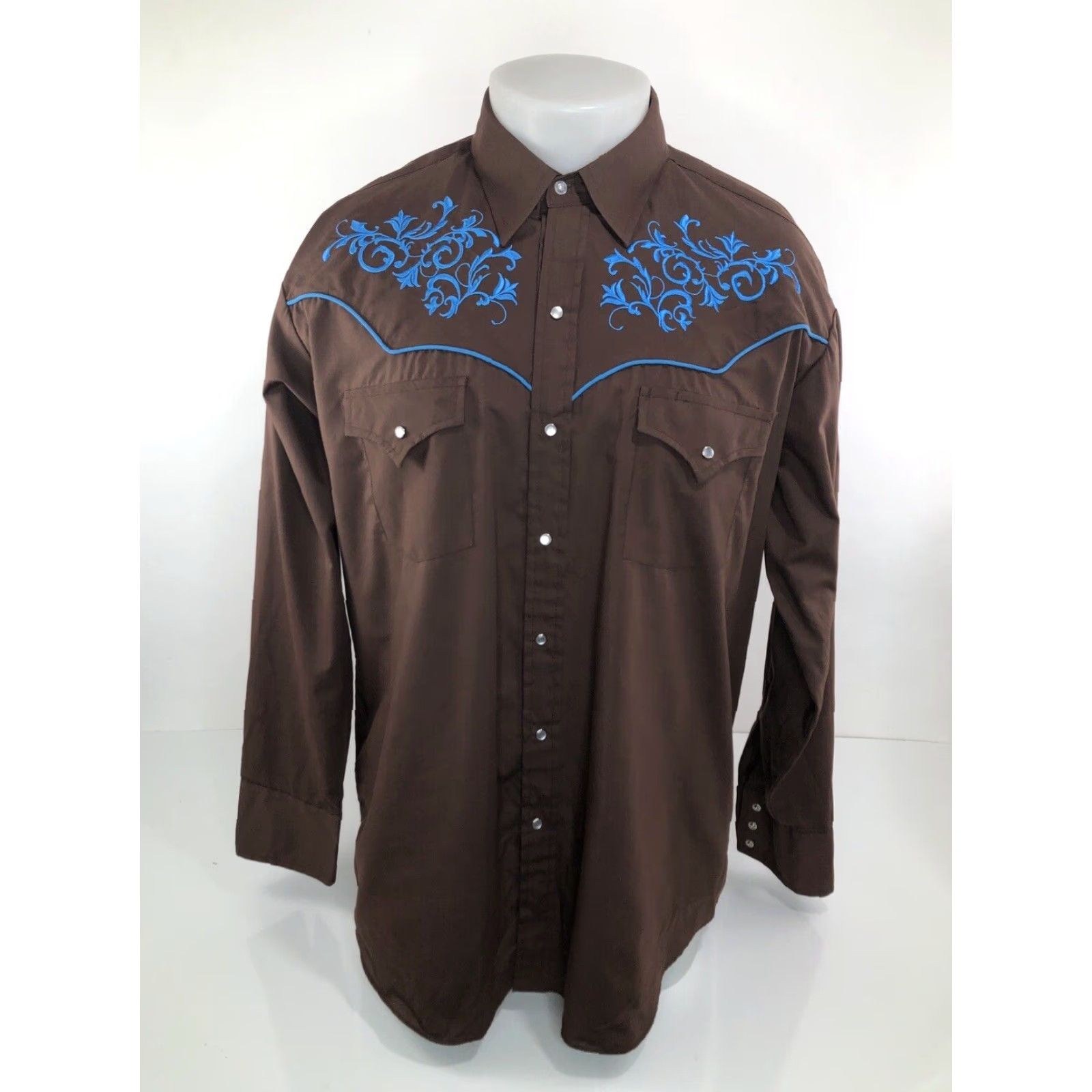 Vintage ELY CATTLEMAN SHIRT Western Embroidered YOKE Pearl Snap Mens XL Brown / Blue JP JD Regular Long Sleeve Button-Up Snap Front Shirting Narrative Size US XL / EU 56 / 4 - 2 Thumbnail