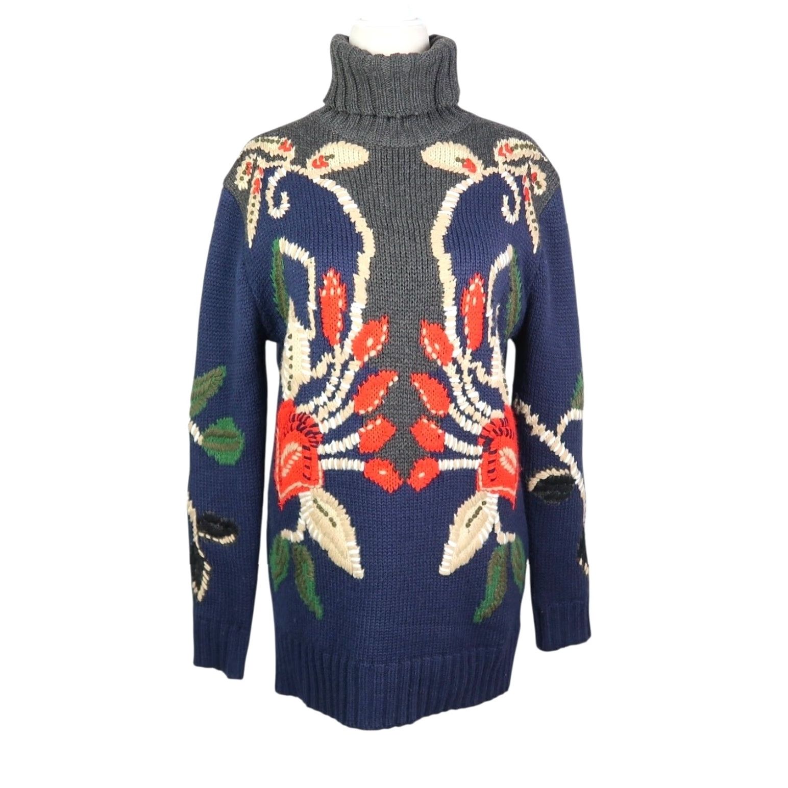 Olive VINTAGE Navy Blue Red Olive Green Floral Wool Blend Turtleneck Sweater Size M / US 6-8 / IT 42-44 - 2 Thumbnail