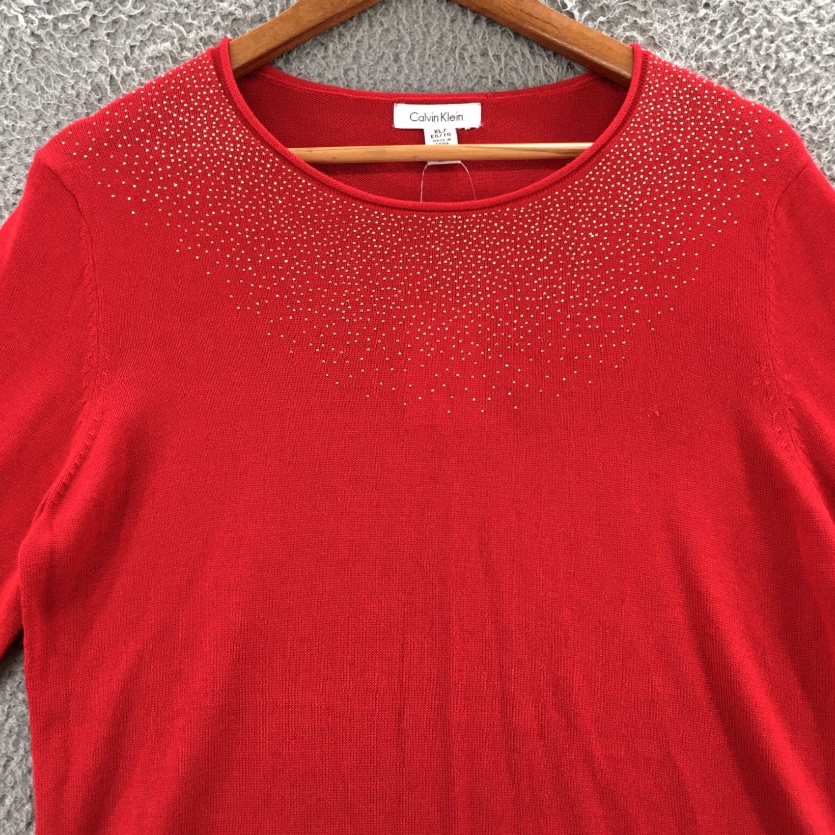 Calvin Klein Calvin Klein Collection Knit Tee Top Womens XL Red Cotton Blend Sequins Round Neck Pullover Shirt Womens XL Red Sequins Knit Tee Top Size XL / US 12-14 / IT 48-50 - 3 Thumbnail