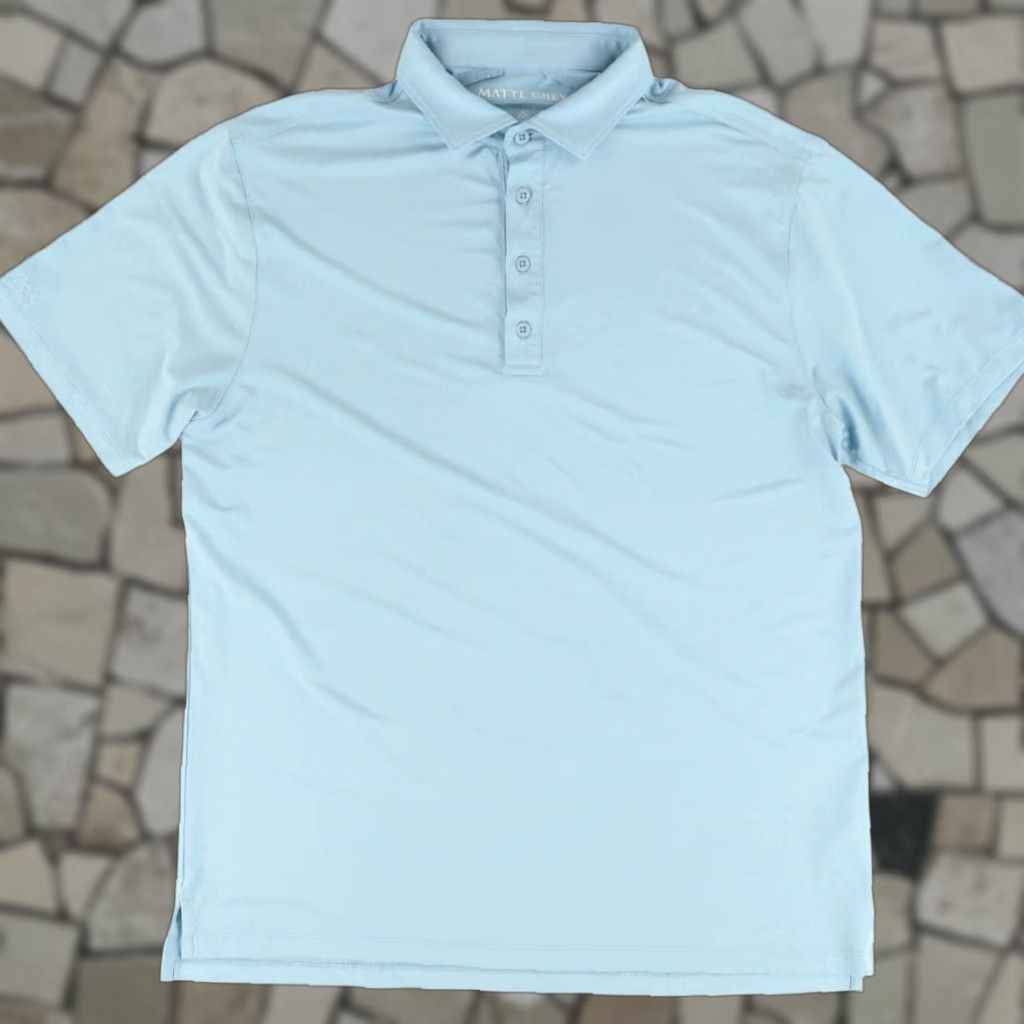 Vintage **Matte Grey 4 Button Stretch Blue Men's Polo Shirt L** User: **Matte Grey 4 Button Stretch Blue Men's L Polo Shirt** Size US L / EU 52-54 / 3 - 1 Thumbnail