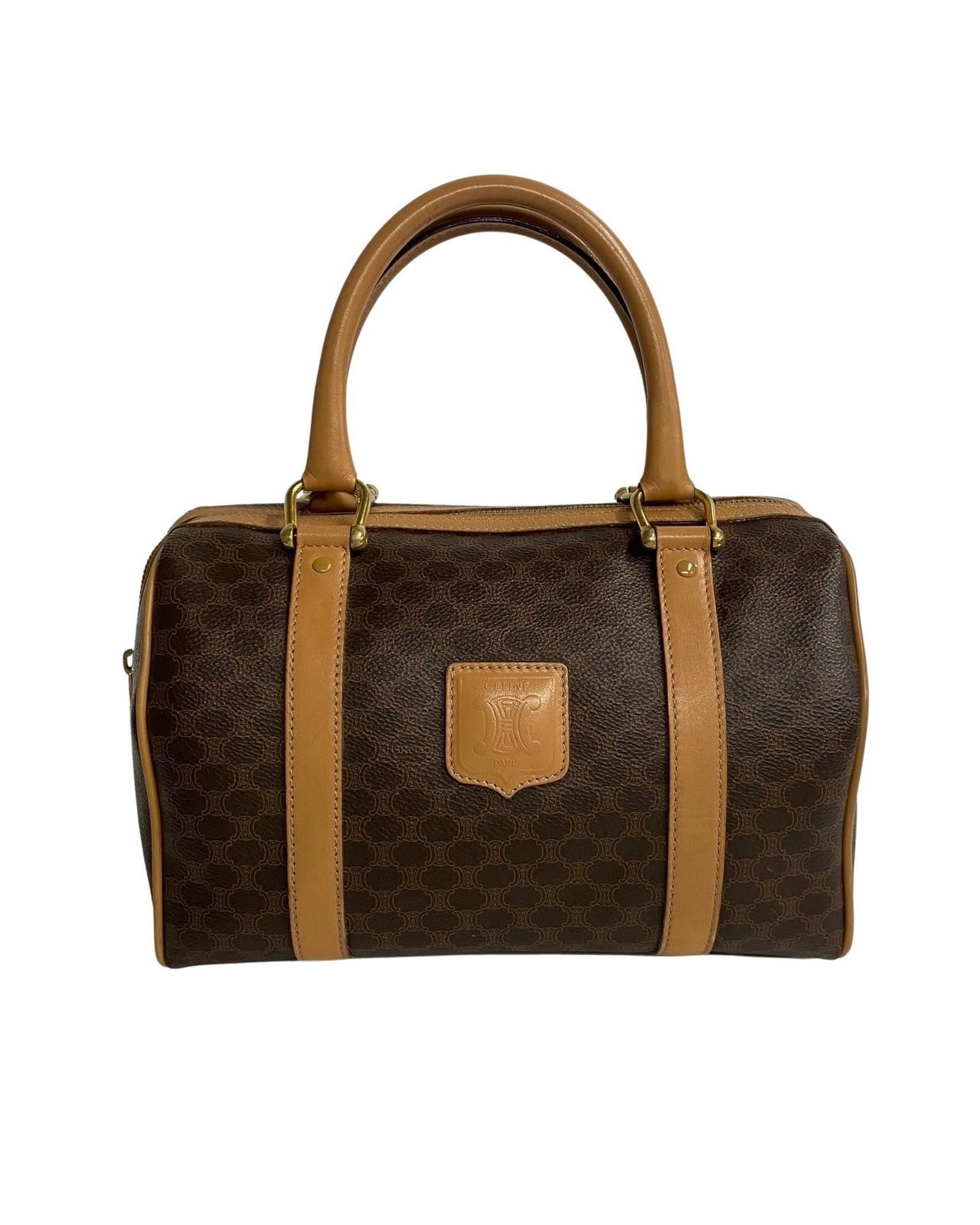 image of Vintage Celine Boston Bag In Macadam Canvas With Brown Leather Trim, Women's