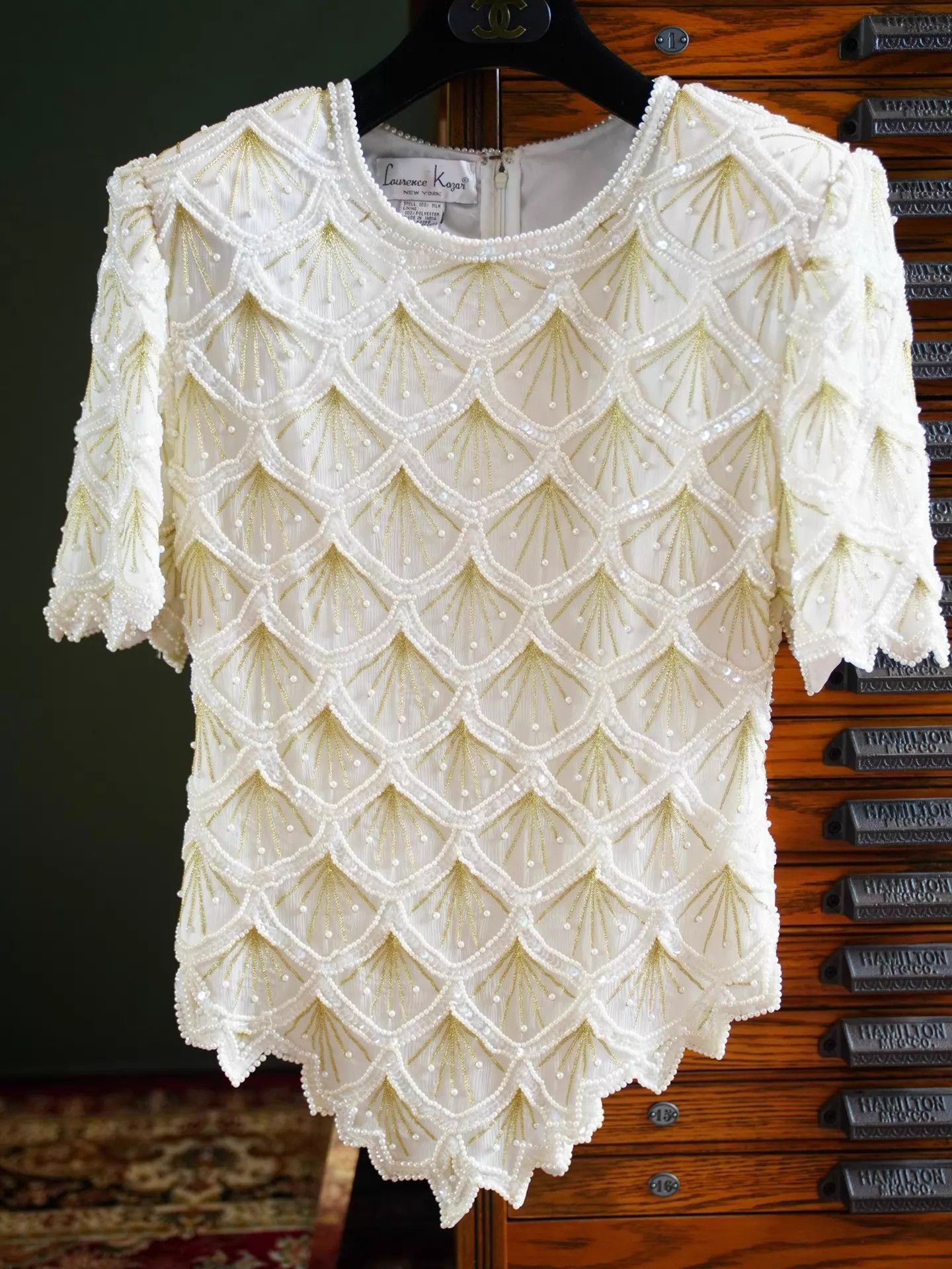 Other US Vintage Art Deco White Gold Geo Beaded Short Sleeve Top Size L / US 10 / IT 46 - 2 Thumbnail