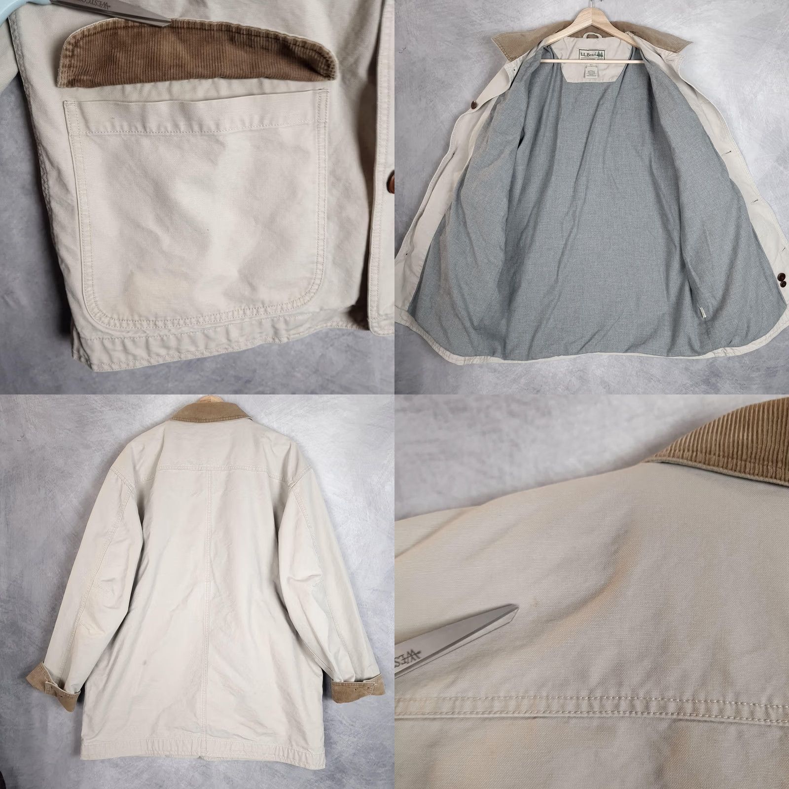 Vintage LL Bean Barn Coat Mens LT Beige Canvas Corduroy Collar Lined Workwear Overcoat Button Front Size US L / EU 52-54 / 3 - 9 Thumbnail