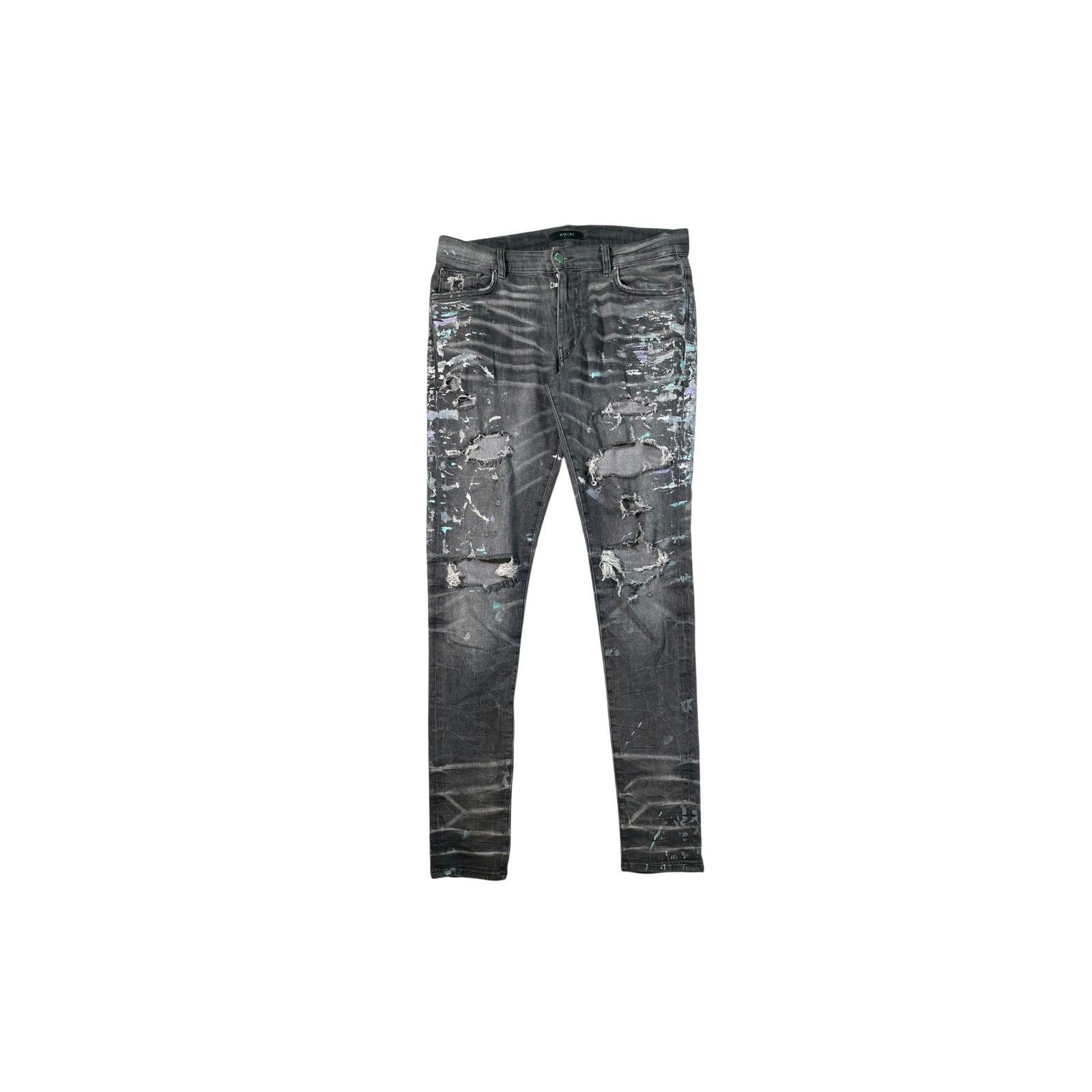 Amiri Amiri Splatter Ripped Grey & Teal Jeans Size US 30 / EU 46 - 1 Thumbnail