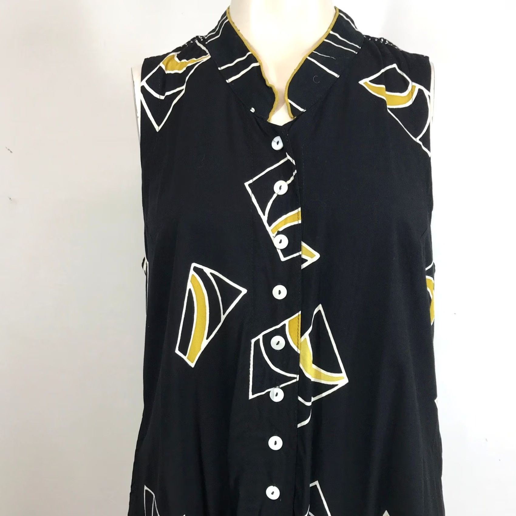 Vintage Lynz Shirt Dress Geometric Print Button Front Sleeveless Hi-Low Womens S Black Size S / US 4 / IT 40 - 2 Thumbnail
