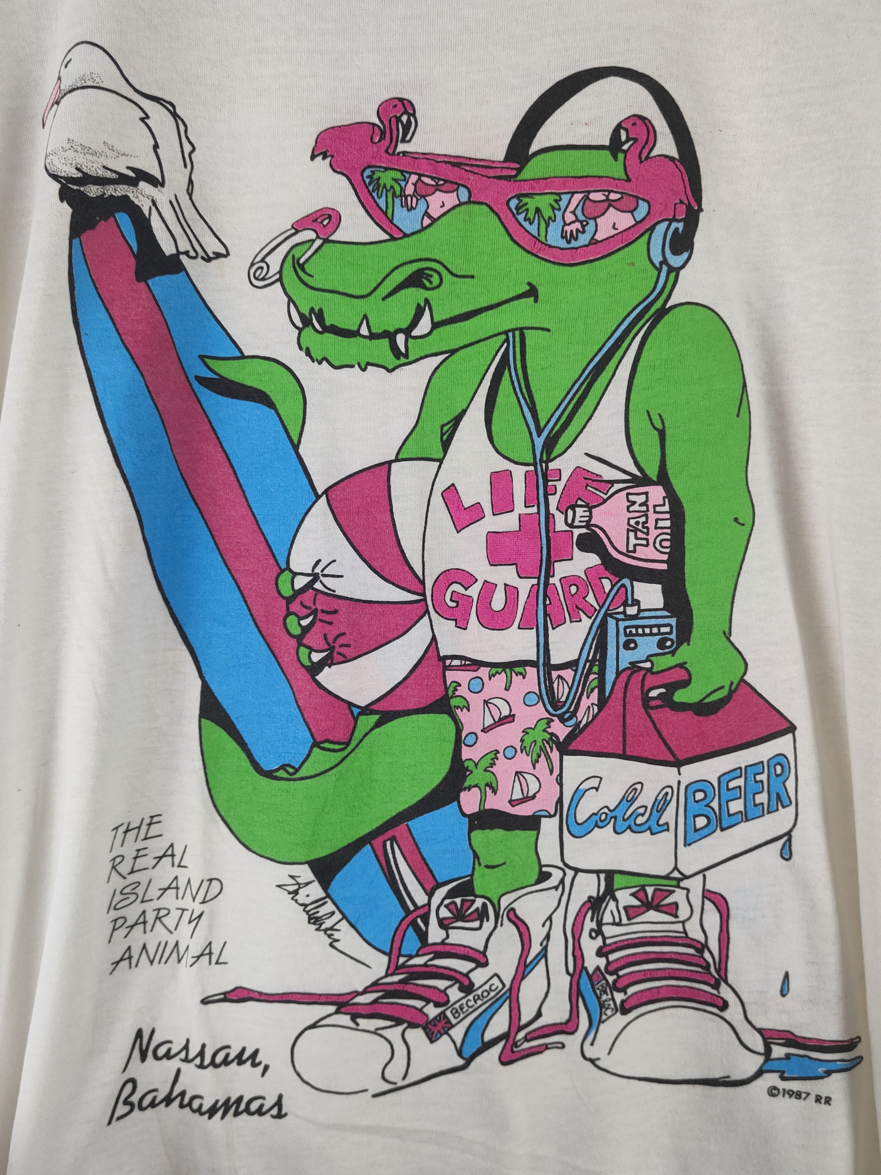 Vintage DL 80' Vintage cartoon surf White Short Sleeve T-shirt #2747 Size US M / EU 48-50 / 2 - 3 Thumbnail