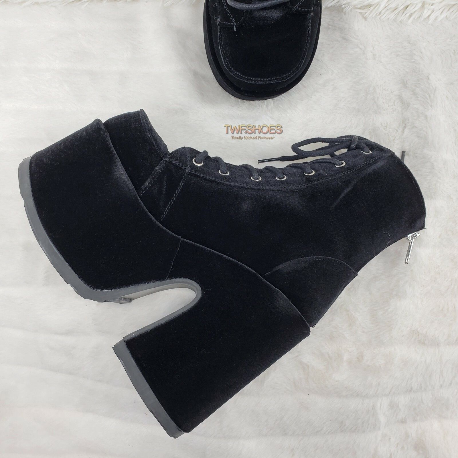 Other Camel 203 Stacked Black Velvet Platform Goth Punk Ankle Boot Size US 7 / IT 37 - 5 Thumbnail