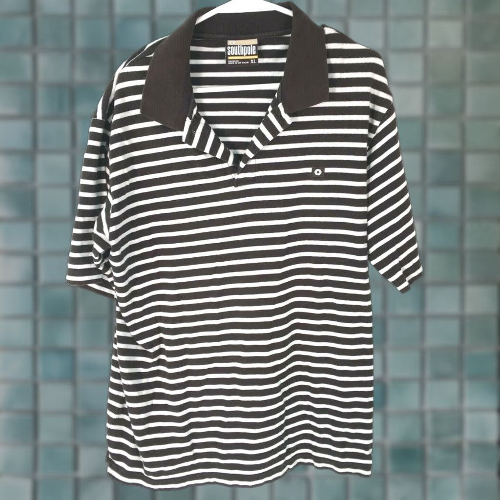 Southpole South Pole Authentic Collection Mens Striped Polo Shirt XL Black White Casual 90s Size US XL / EU 56 / 4 - 1 Thumbnail