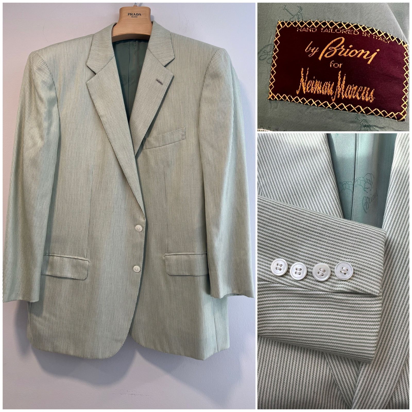 Brioni Brioni Cashmere & Silk Green White Pinstripe Suit Jacket 46R Size 46R - 1 Thumbnail