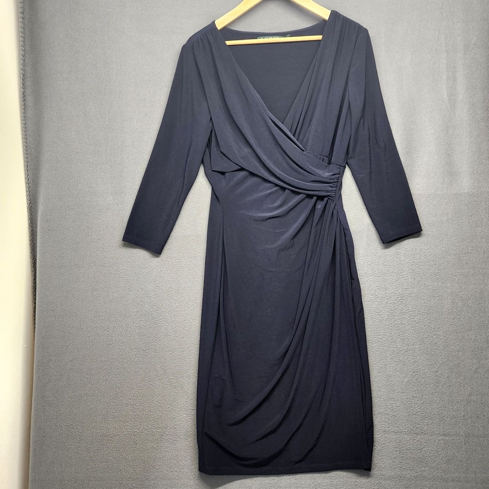 Ralph Lauren Ralph Lauren LRL Dress Womens 10 Navy Blue Slinky Stretch Midi V-Neck Wrap Pullover Classic Formal Party/Cocktail Mens Women Size L / US 10 / IT 46 - 2 Thumbnail